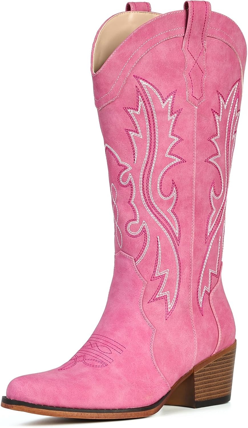 image:imageIUV Cowboy Boots For Women Western Cowgirl Boots with Chunky Heel Mid Calf Snip Toe Ideal for low instepsPink