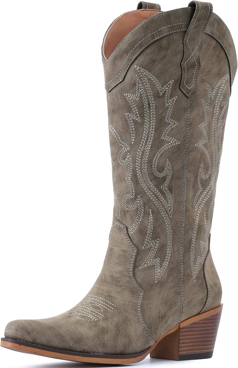 image:imageIUV Cowboy Boots For Women Western Cowgirl Boots with Chunky Heel Mid Calf Snip Toe Ideal for low instepsTaupe