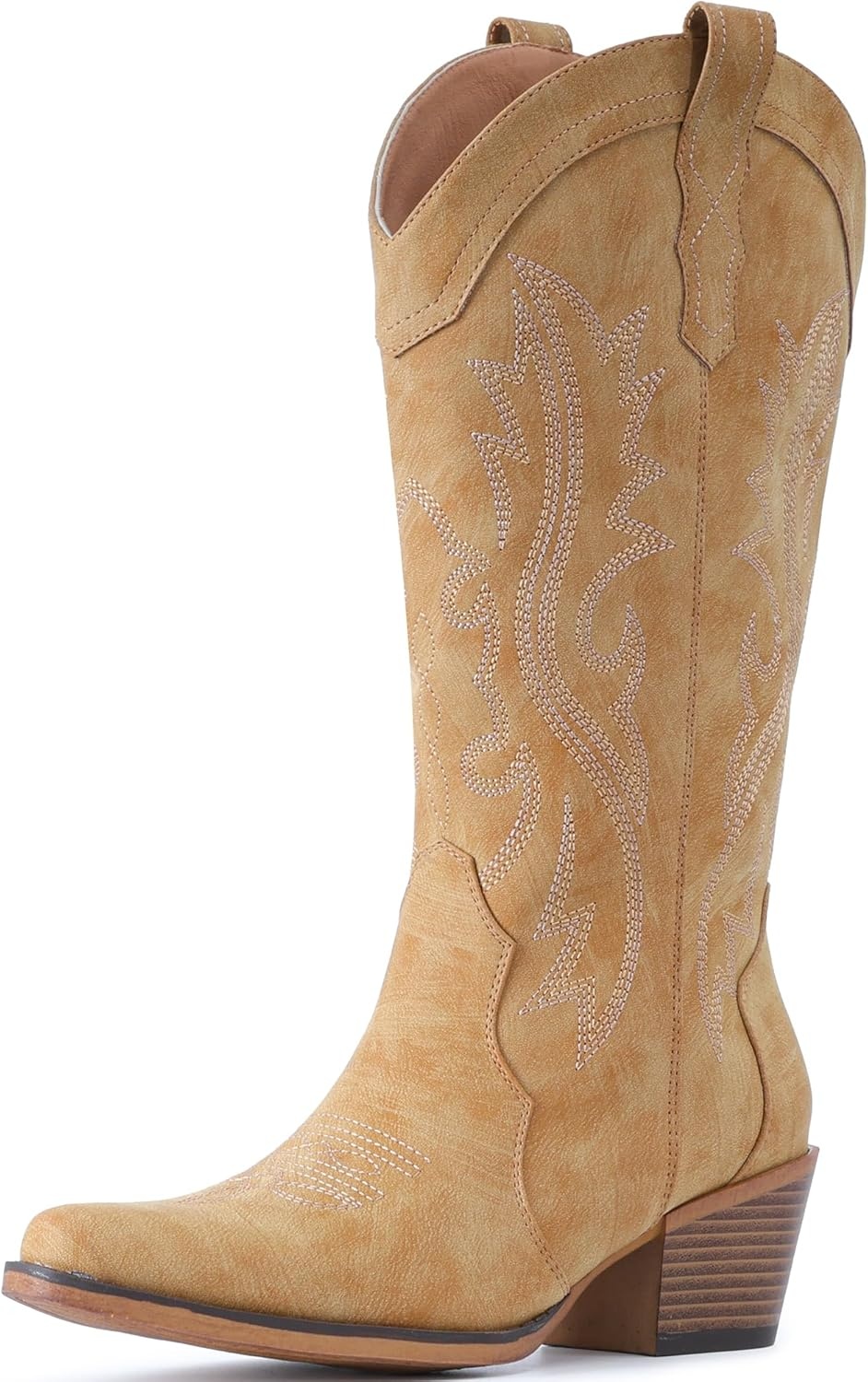 image:imageIUV Cowboy Boots For Women Western Cowgirl Boots with Chunky Heel Mid Calf Snip Toe Ideal for low instepsYellow Brown