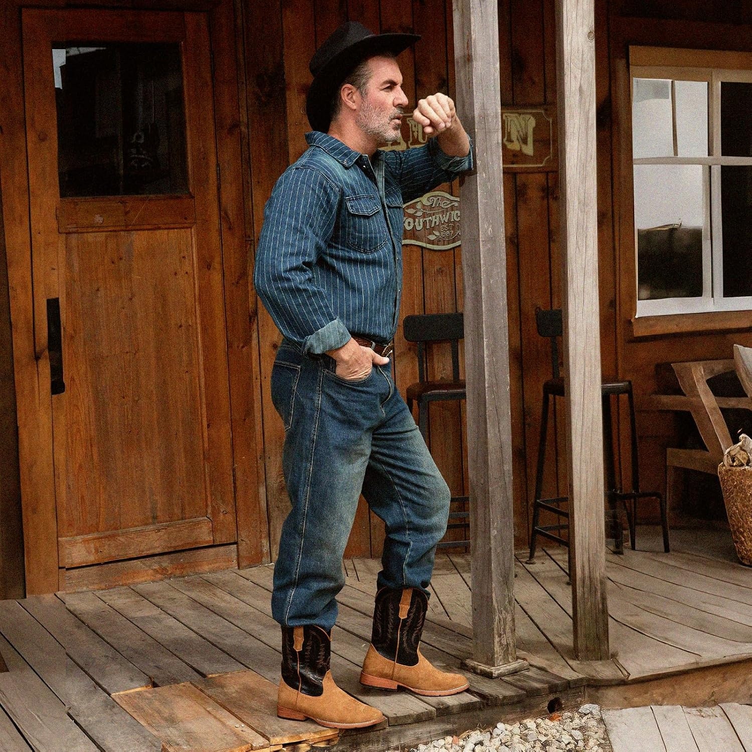 image:imageIUV Cowboy Boots for Men Suede Square Toe Western Boots Pull On Durable Classic Embroidered BootBlack Brown