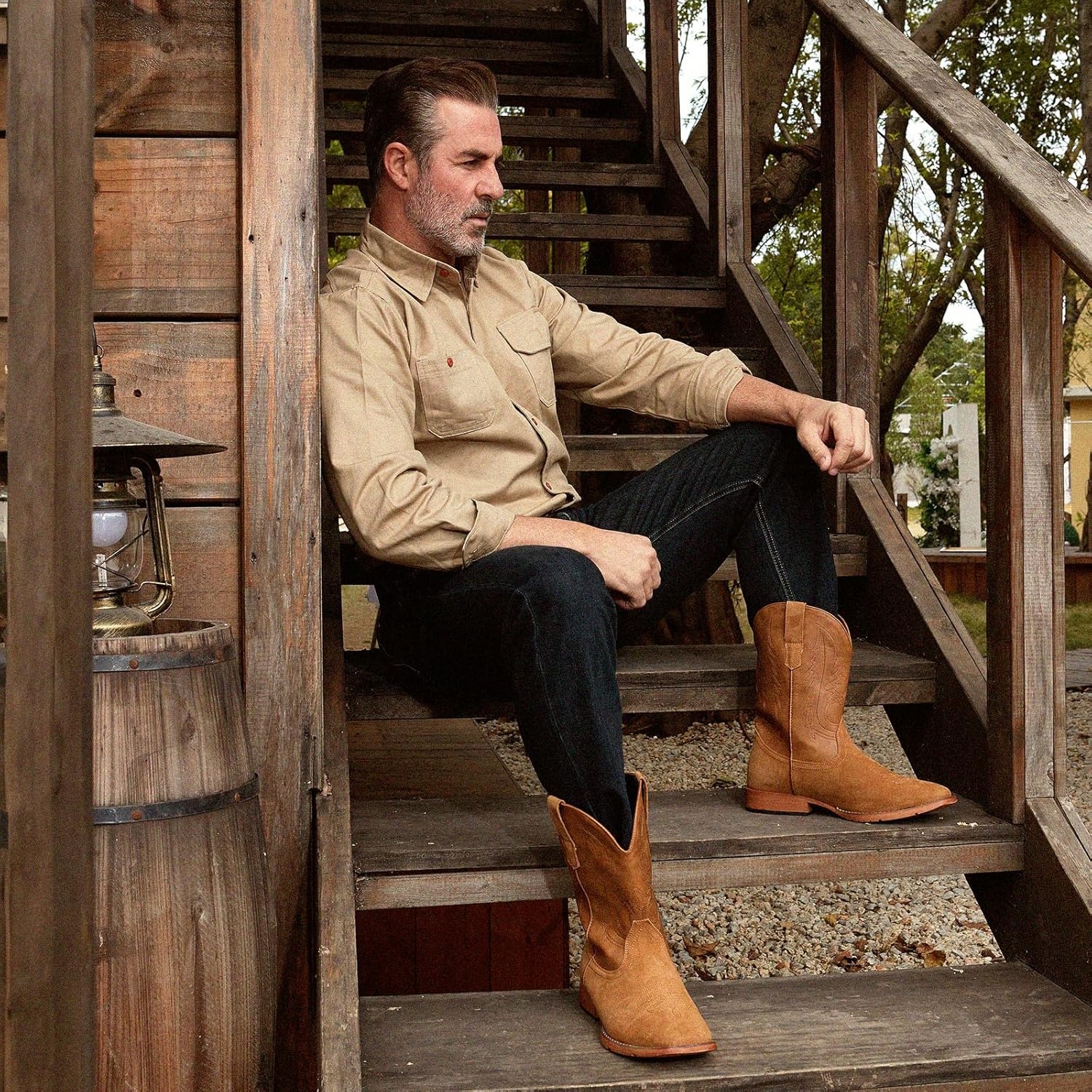 image:imageIUV Cowboy Boots for Men Suede Square Toe Western Boots Pull On Durable Classic Embroidered BootBrown