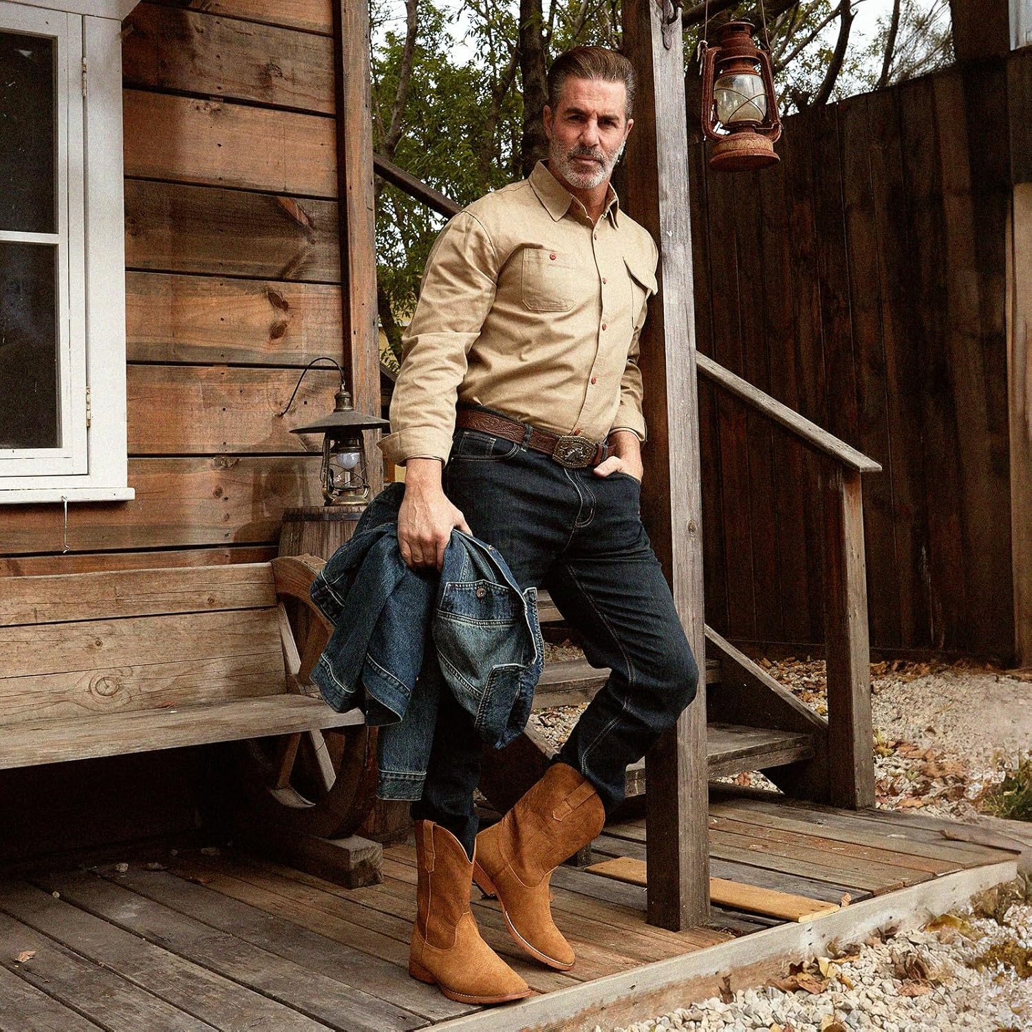 image:imageIUV Cowboy Boots for Men Suede Square Toe Western Boots Pull On Durable Classic Embroidered BootBrown