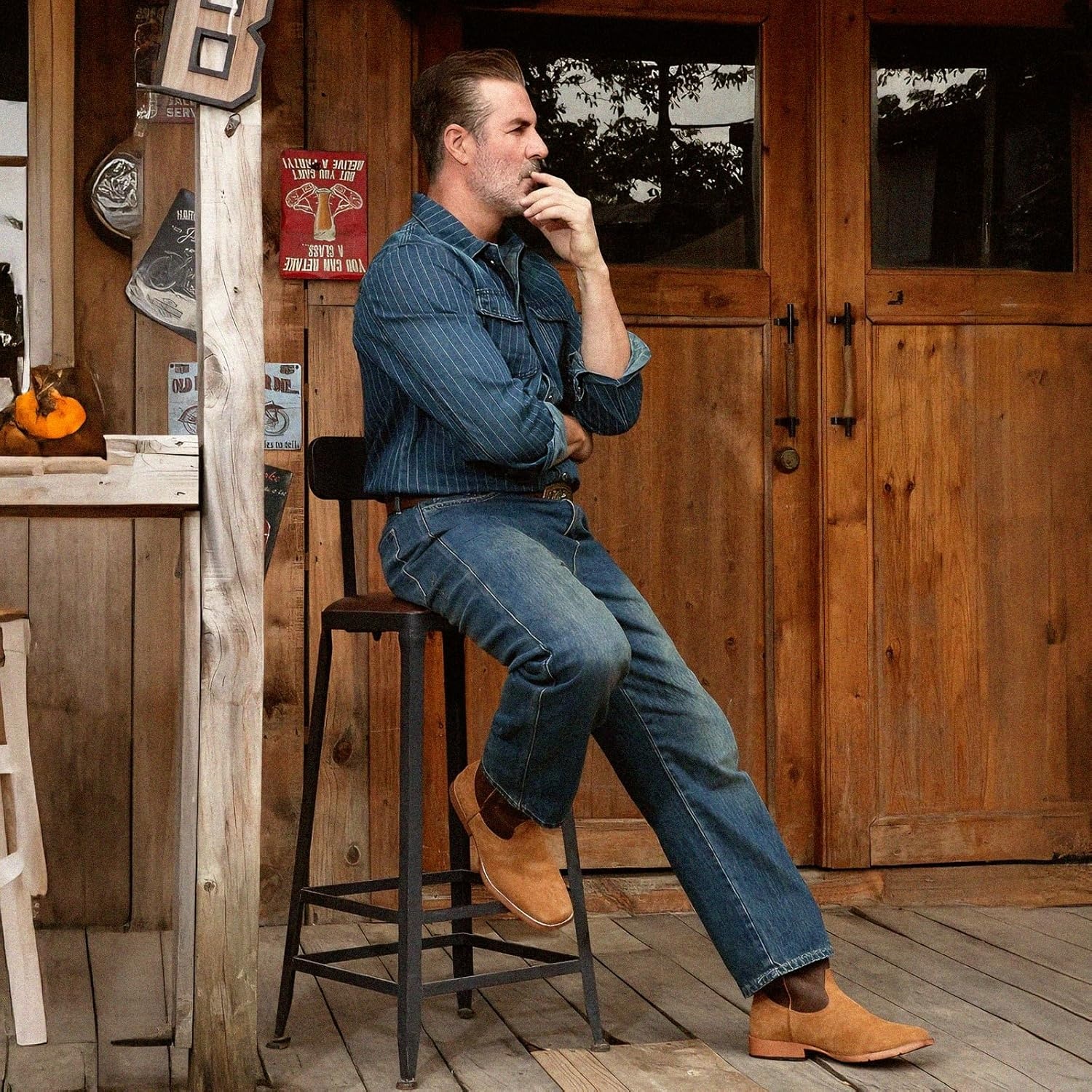 image:imageIUV Cowboy Boots for Men Suede Square Toe Western Boots Pull On Durable Classic Embroidered BootDark Brown