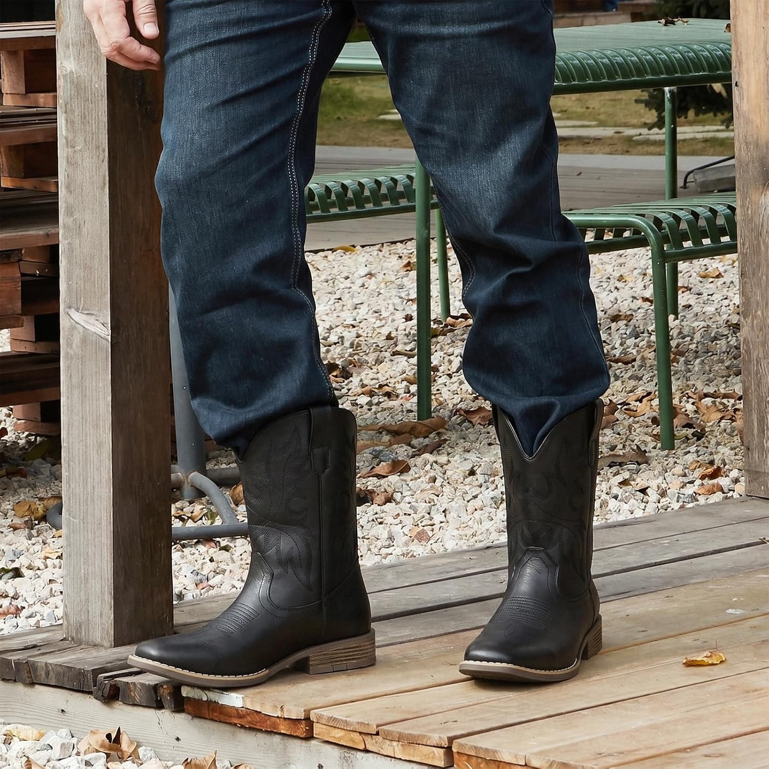 image:imageIUV Cowboy Boots for Men Western Boots Square Toe Slip on Embroidered arch support Boot Fashionable Pull On for Spring FallAll Black
