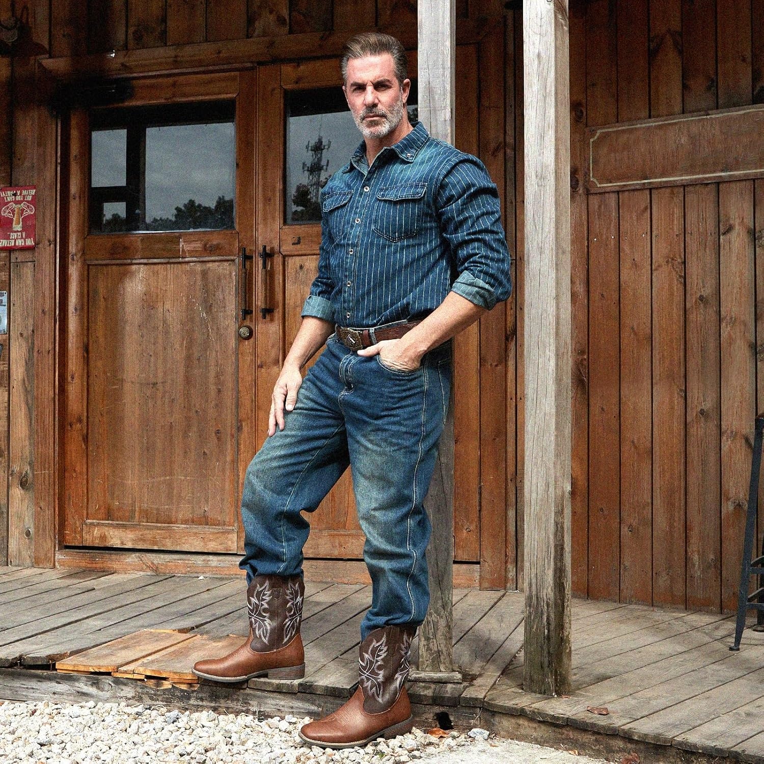 image:imageIUV Cowboy Boots for Men Western Boots Square Toe Slip on Embroidered arch support Boot Fashionable Pull On for Spring FallBrown