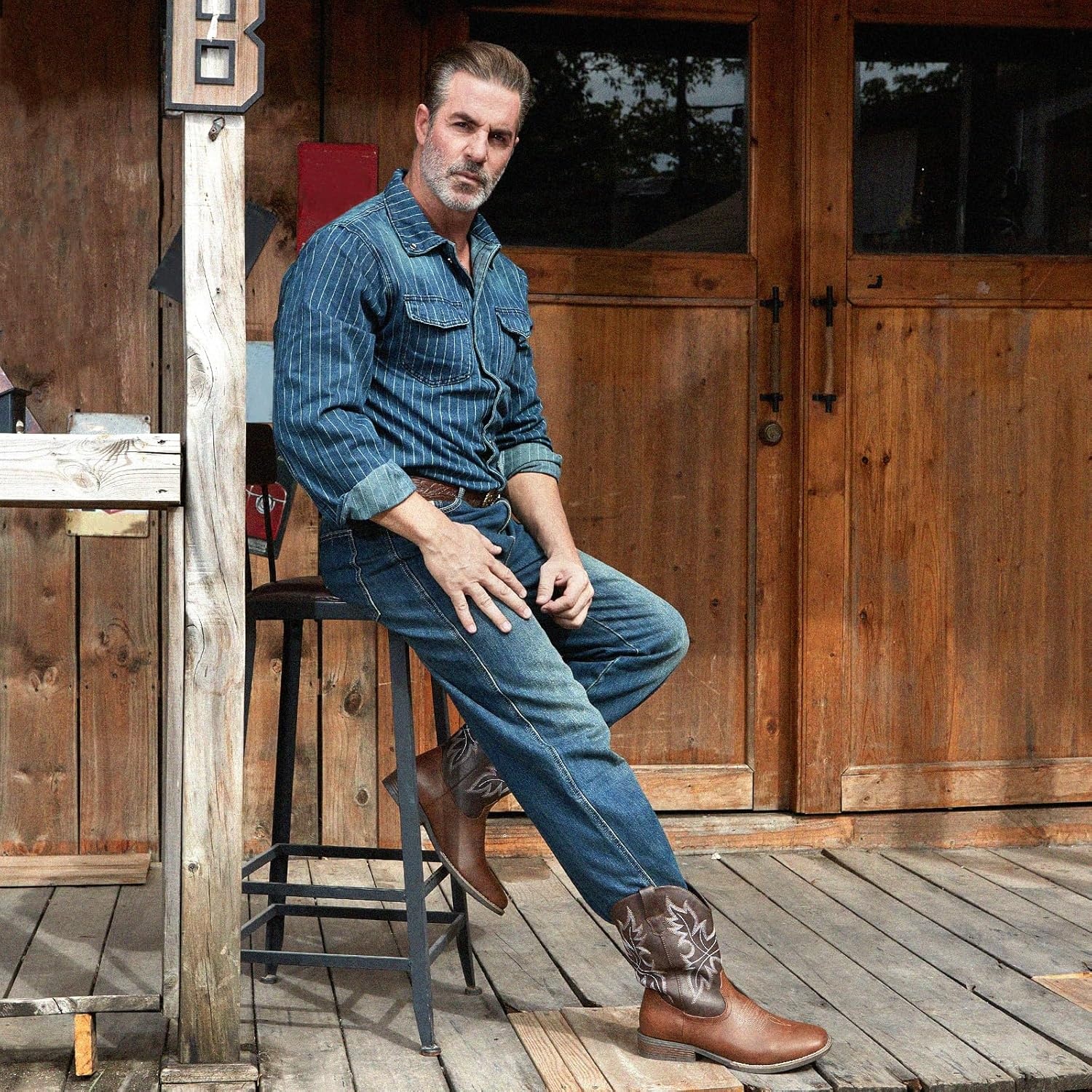 image:imageIUV Cowboy Boots for Men Western Boots Square Toe Slip on Embroidered arch support Boot Fashionable Pull On for Spring FallBrown