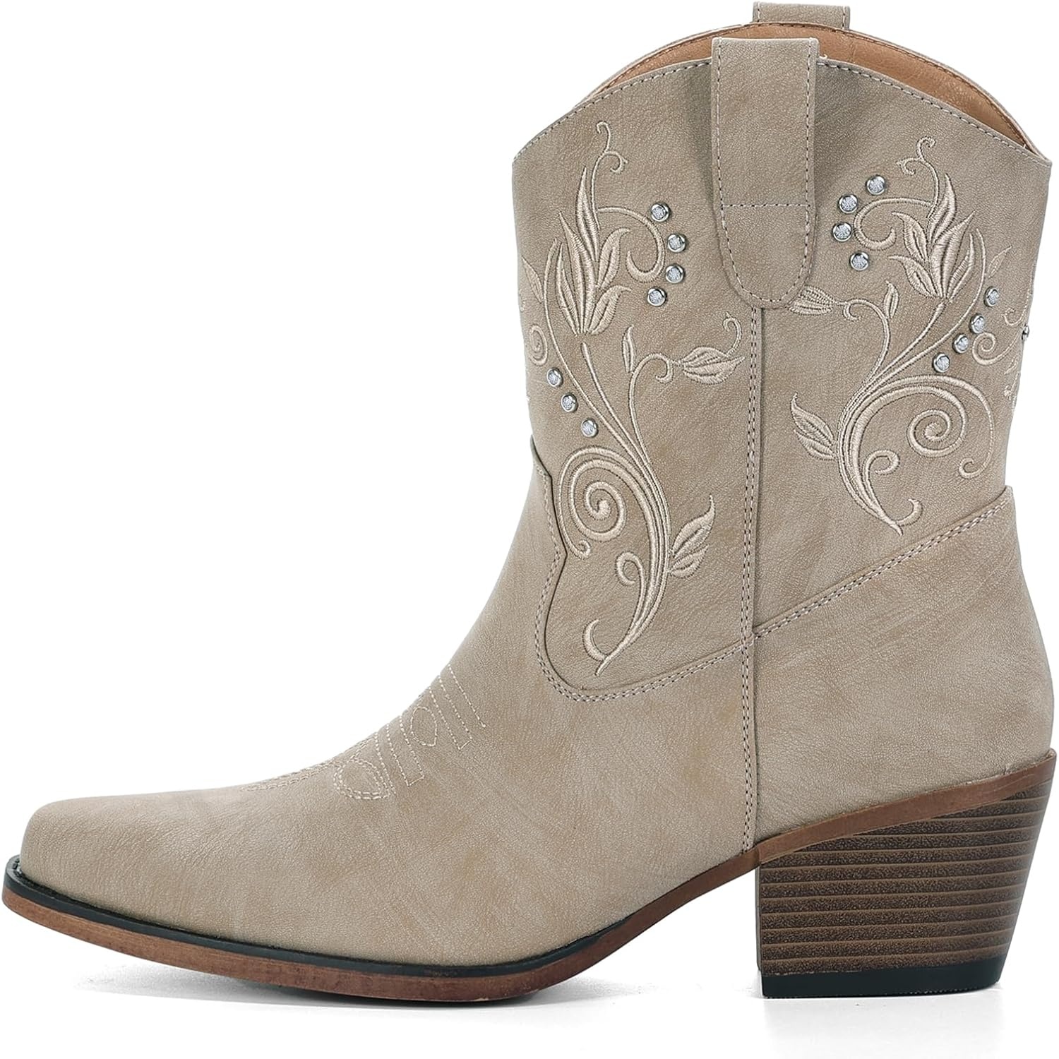image:imageIUV Cowboy Boots for Women Ankle Cowgirl Boots with Embroidered Rhinestone Decor Chunky Heel Snip Toe Classic Western Wide BootiesBeige