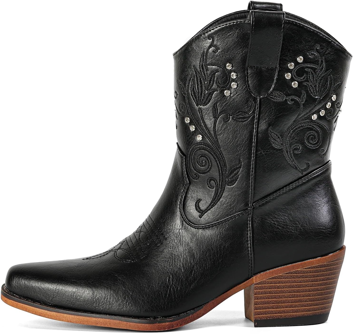 image:imageIUV Cowboy Boots for Women Ankle Cowgirl Boots with Embroidered Rhinestone Decor Chunky Heel Snip Toe Classic Western Wide BootiesBlack