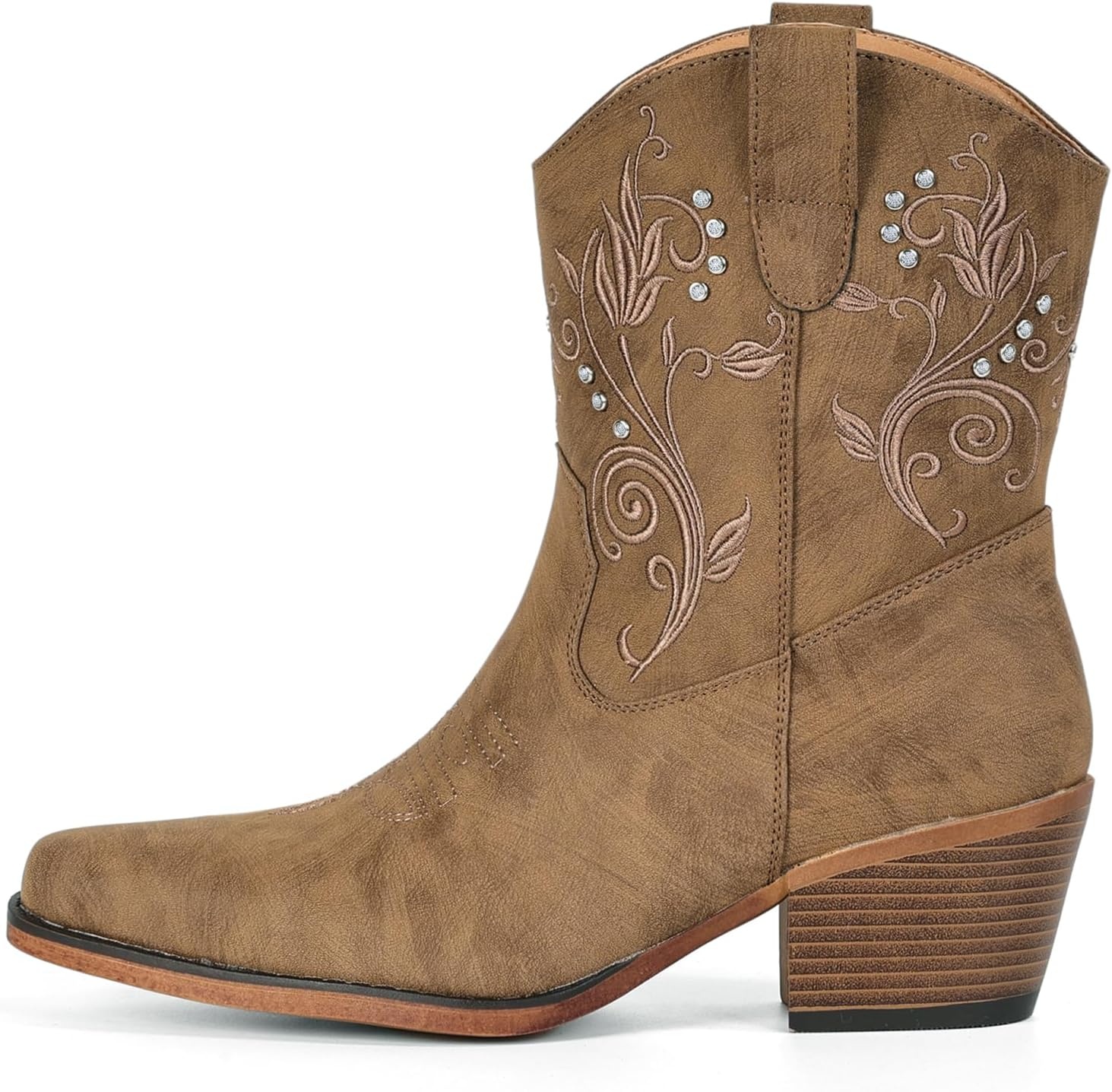 image:imageIUV Cowboy Boots for Women Ankle Cowgirl Boots with Embroidered Rhinestone Decor Chunky Heel Snip Toe Classic Western Wide BootiesBrown
