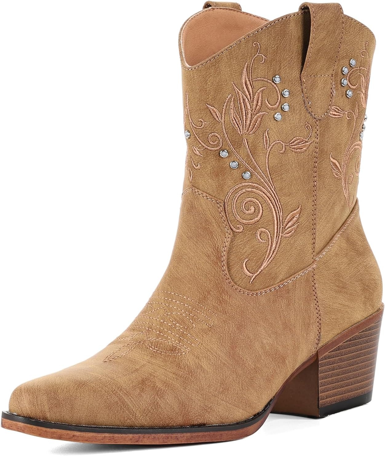 image:imageIUV Cowboy Boots for Women Ankle Cowgirl Boots with Embroidered Rhinestone Decor Chunky Heel Snip Toe Classic Western Wide BootiesCamel