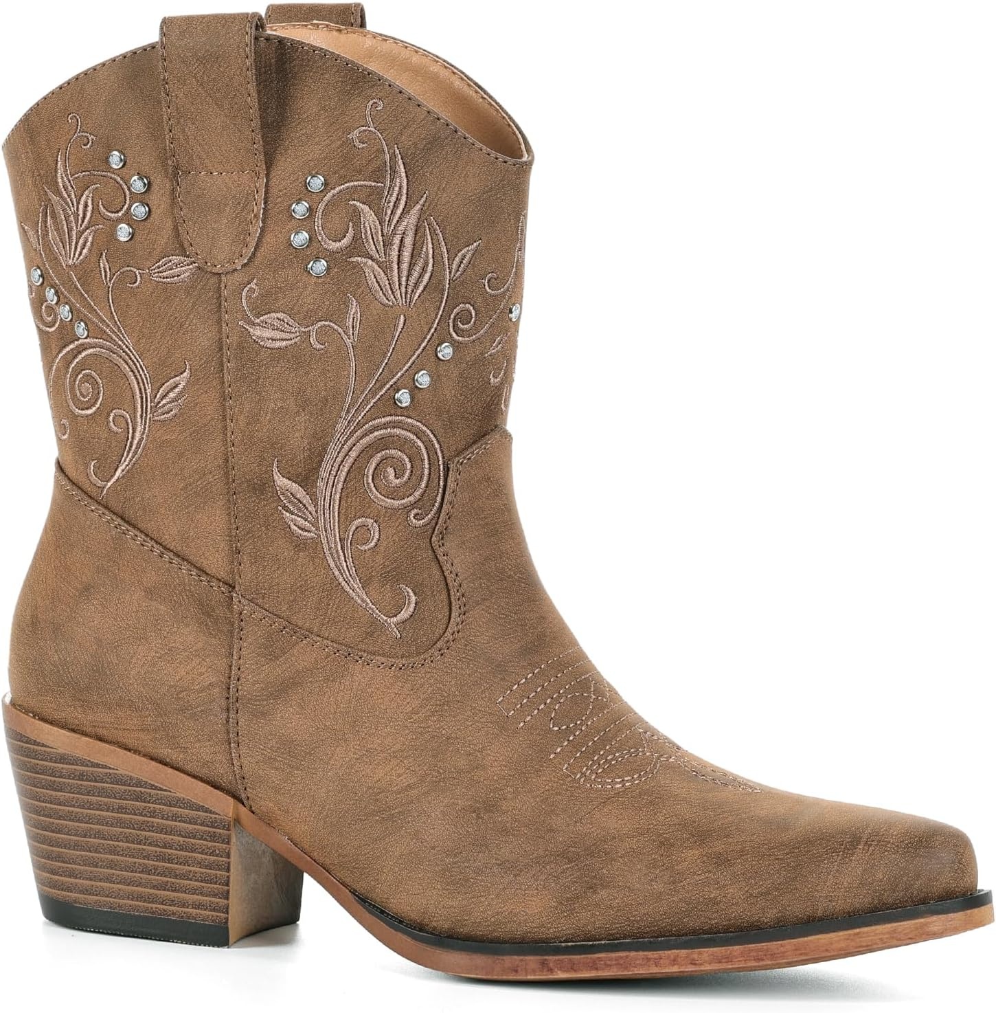 image:imageIUV Cowboy Boots for Women Ankle Cowgirl Boots with Embroidered Rhinestone Decor Chunky Heel Snip Toe Classic Western Wide BootiesRedBrown
