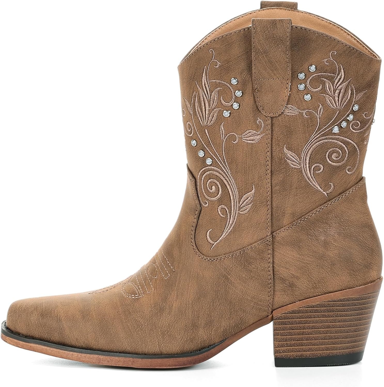 image:imageIUV Cowboy Boots for Women Ankle Cowgirl Boots with Embroidered Rhinestone Decor Chunky Heel Snip Toe Classic Western Wide BootiesRedBrown