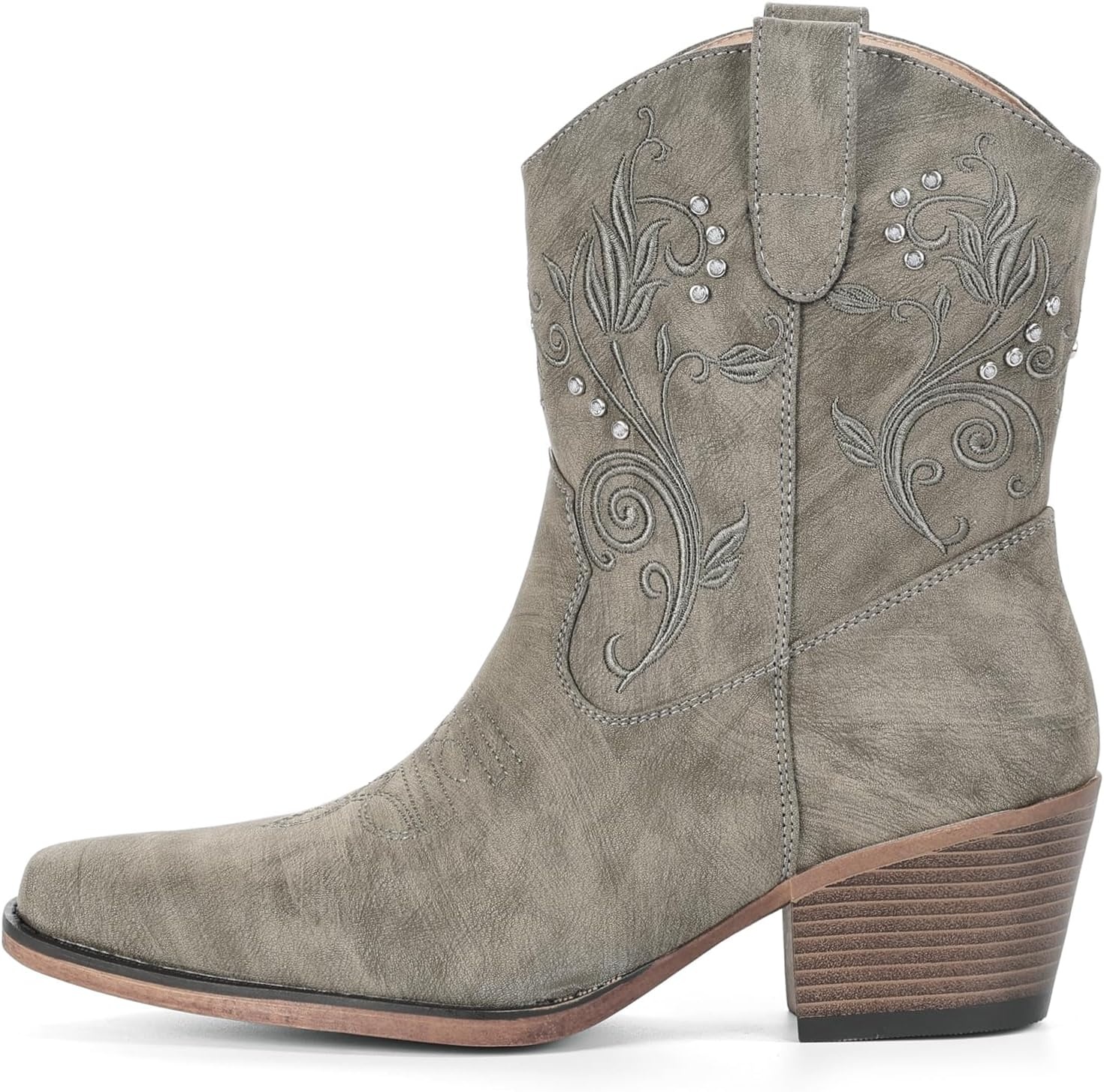 image:imageIUV Cowboy Boots for Women Ankle Cowgirl Boots with Embroidered Rhinestone Decor Chunky Heel Snip Toe Classic Western Wide BootiesTaupe