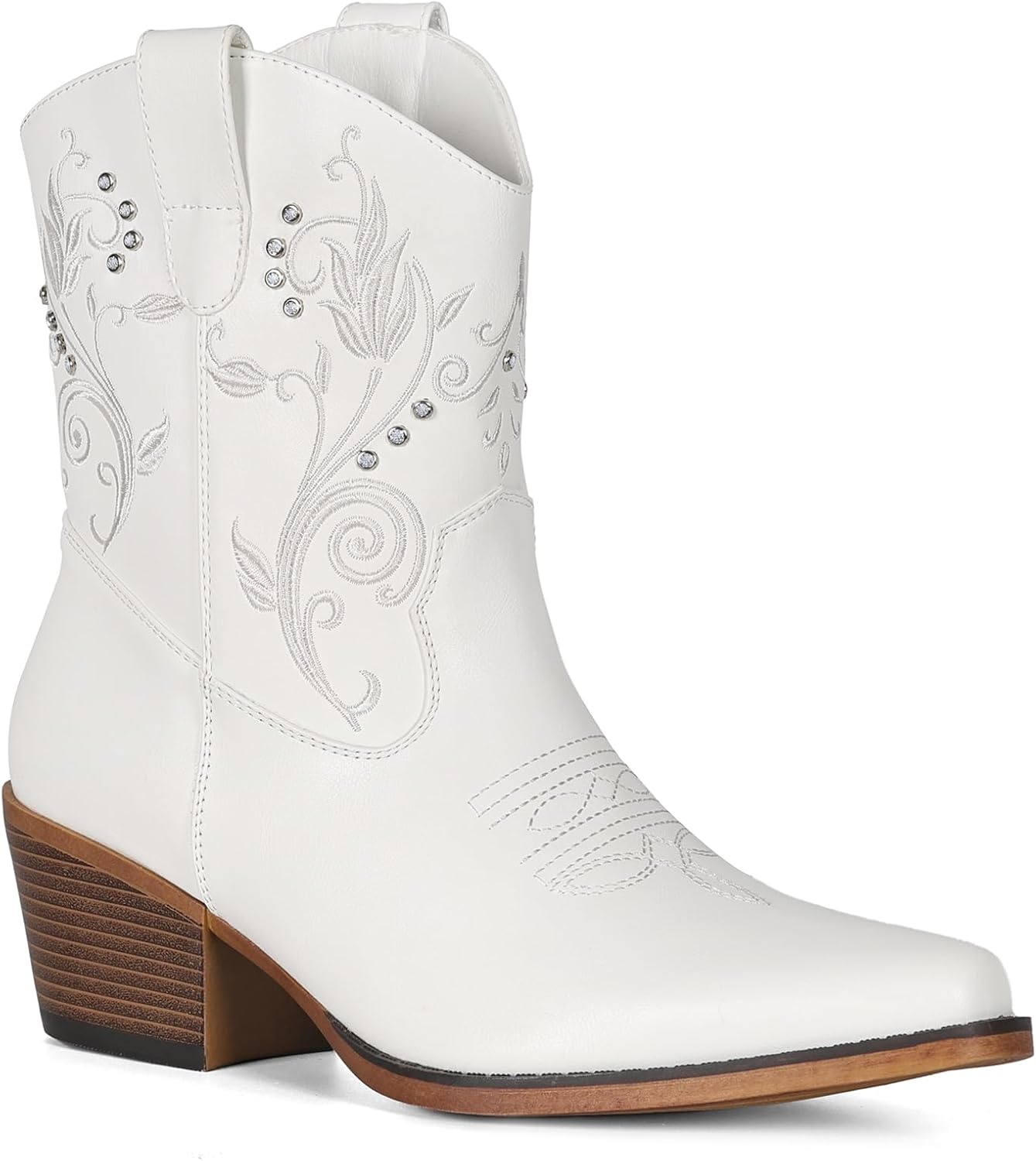 image:imageIUV Cowboy Boots for Women Ankle Cowgirl Boots with Embroidered Rhinestone Decor Chunky Heel Snip Toe Classic Western Wide BootiesWhite