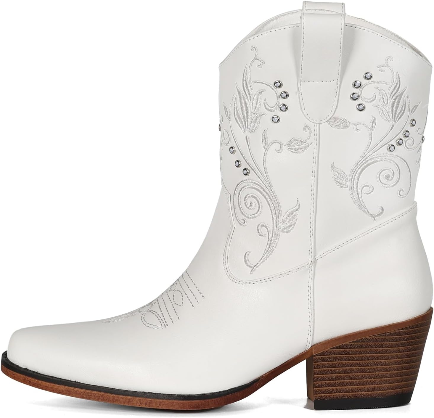 image:imageIUV Cowboy Boots for Women Ankle Cowgirl Boots with Embroidered Rhinestone Decor Chunky Heel Snip Toe Classic Western Wide BootiesWhite