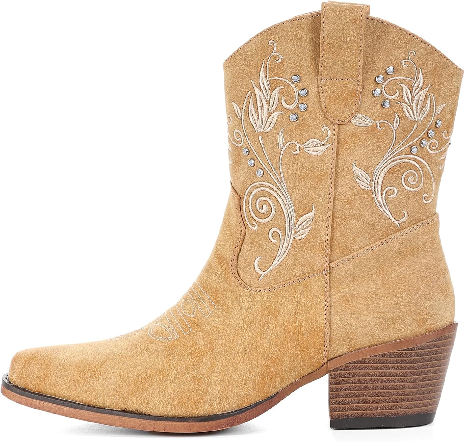 image:imageIUV Cowboy Boots for Women Ankle Cowgirl Boots with Embroidered Rhinestone Decor Chunky Heel Snip Toe Classic Western Wide BootiesYellow Brown