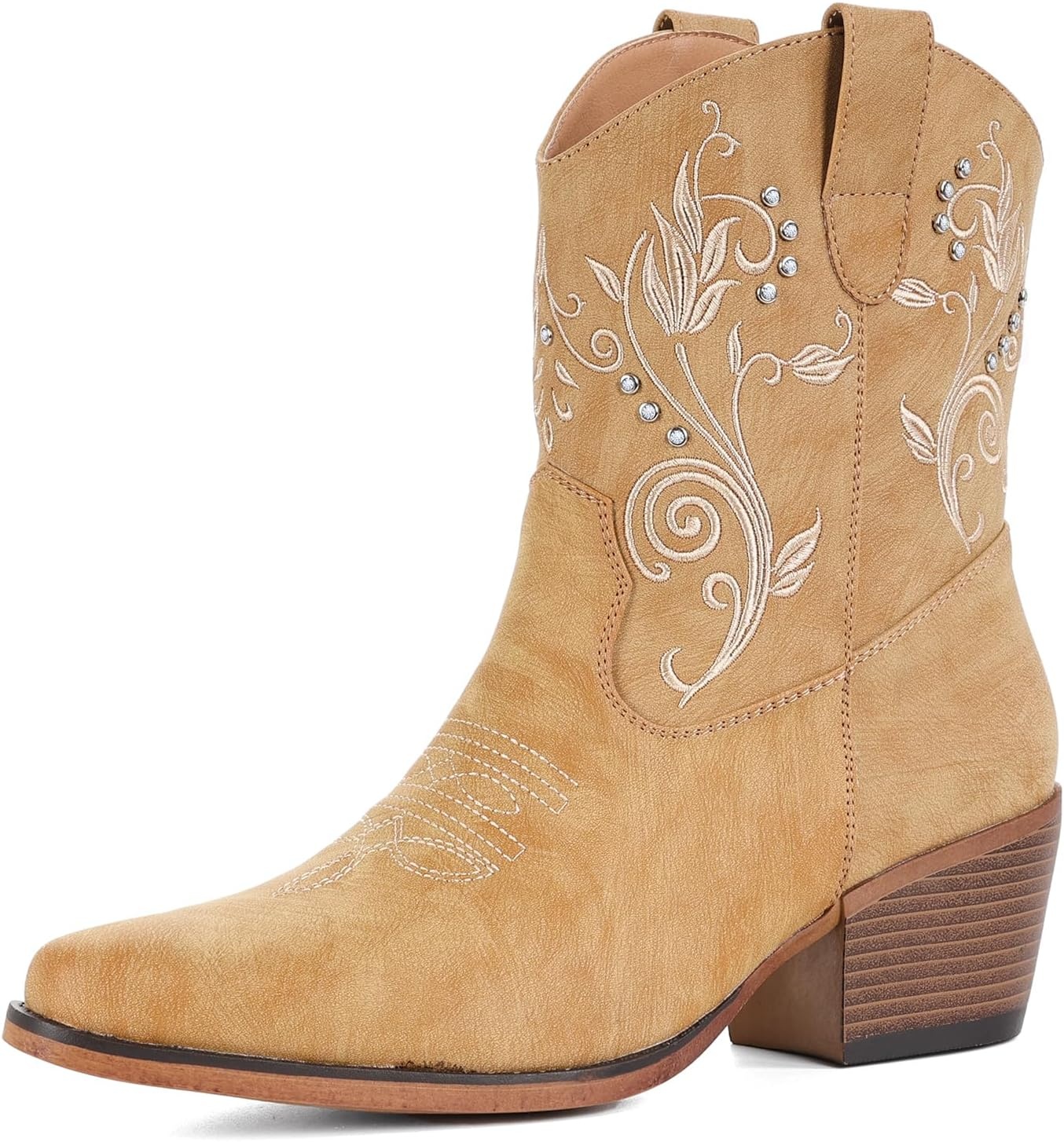 image:imageIUV Cowboy Boots for Women Ankle Cowgirl Boots with Embroidered Rhinestone Decor Chunky Heel Snip Toe Classic Western Wide BootiesYellow Brown