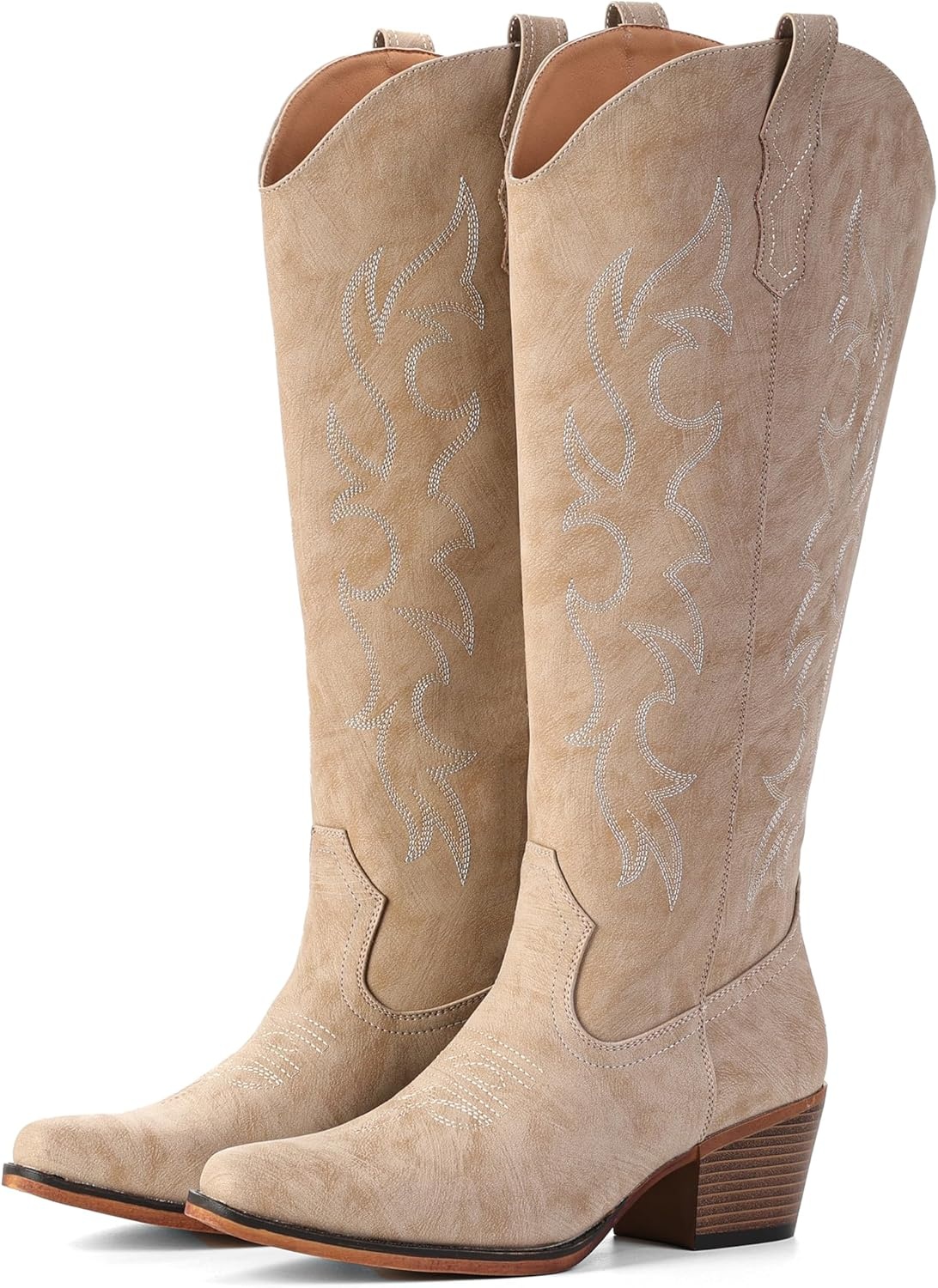 image:imageIUV Cowboy Boots for Women Knee High Pointed Toe Western Fashion Country Cowgirl Boots with EmbroideredBeige