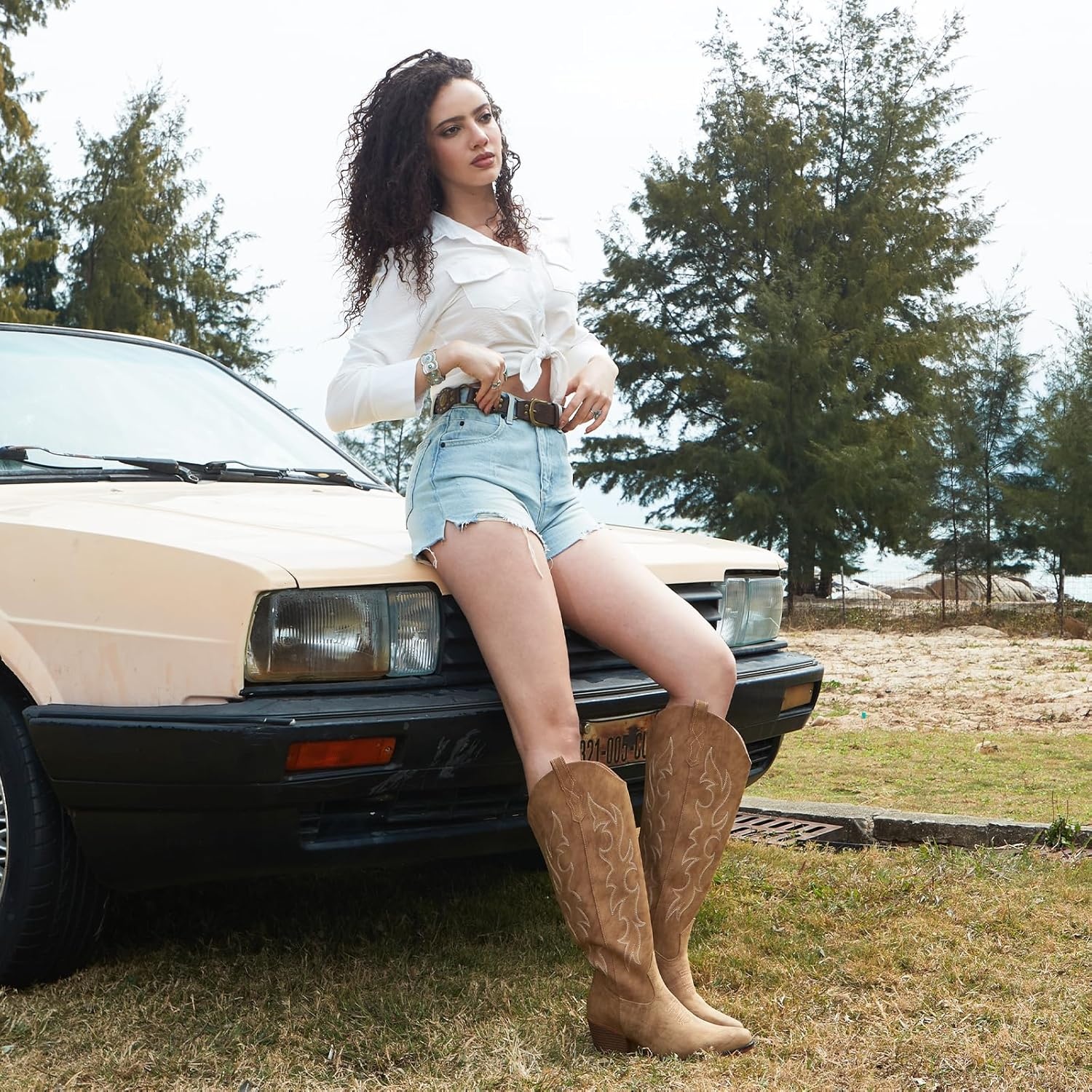image:imageIUV Cowboy Boots for Women Knee High Pointed Toe Western Fashion Country Cowgirl Boots with EmbroideredCamel