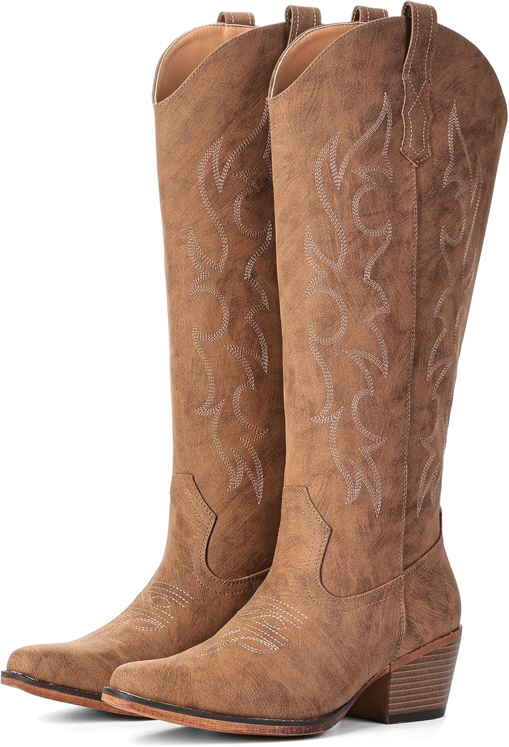 image:imageIUV Cowboy Boots for Women Knee High Pointed Toe Western Fashion Country Cowgirl Boots with EmbroideredRedBrown