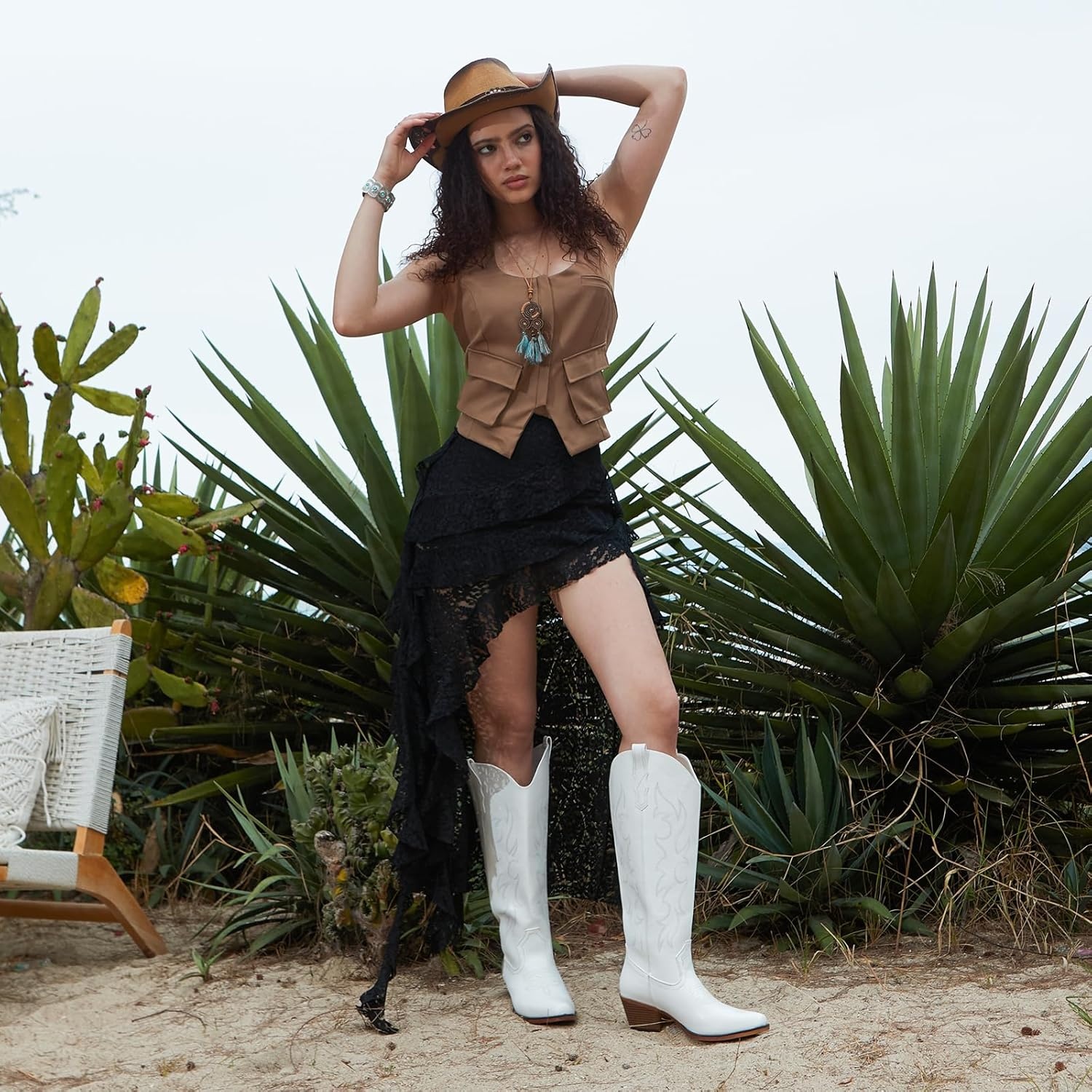 image:imageIUV Cowboy Boots for Women Knee High Pointed Toe Western Fashion Country Cowgirl Boots with EmbroideredWhite