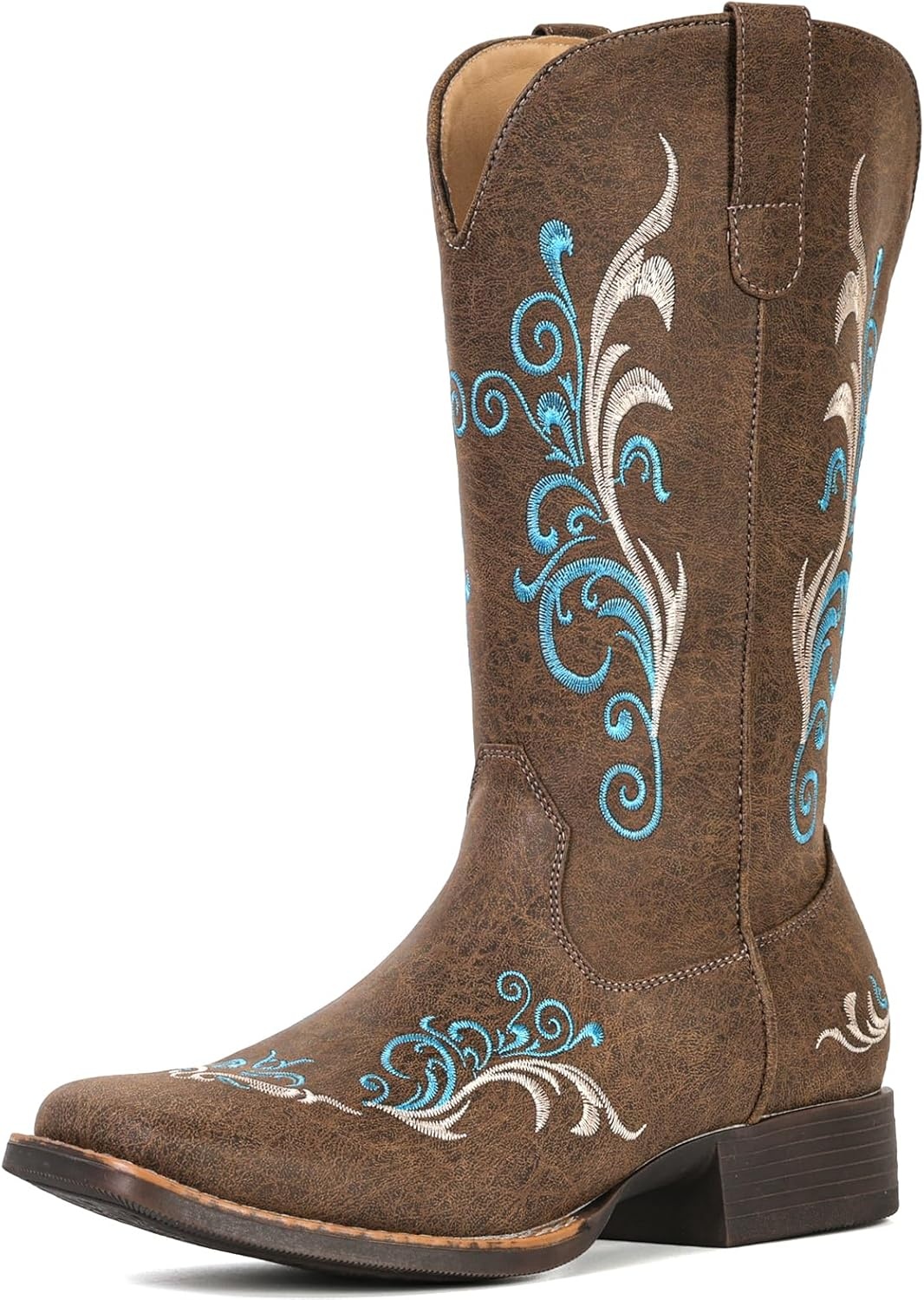 image:imageIUV Cowboy Boots for Women Mid Calf Square Toe Cowgirl Boots with Embroidery Pull On Fashion BootBrown