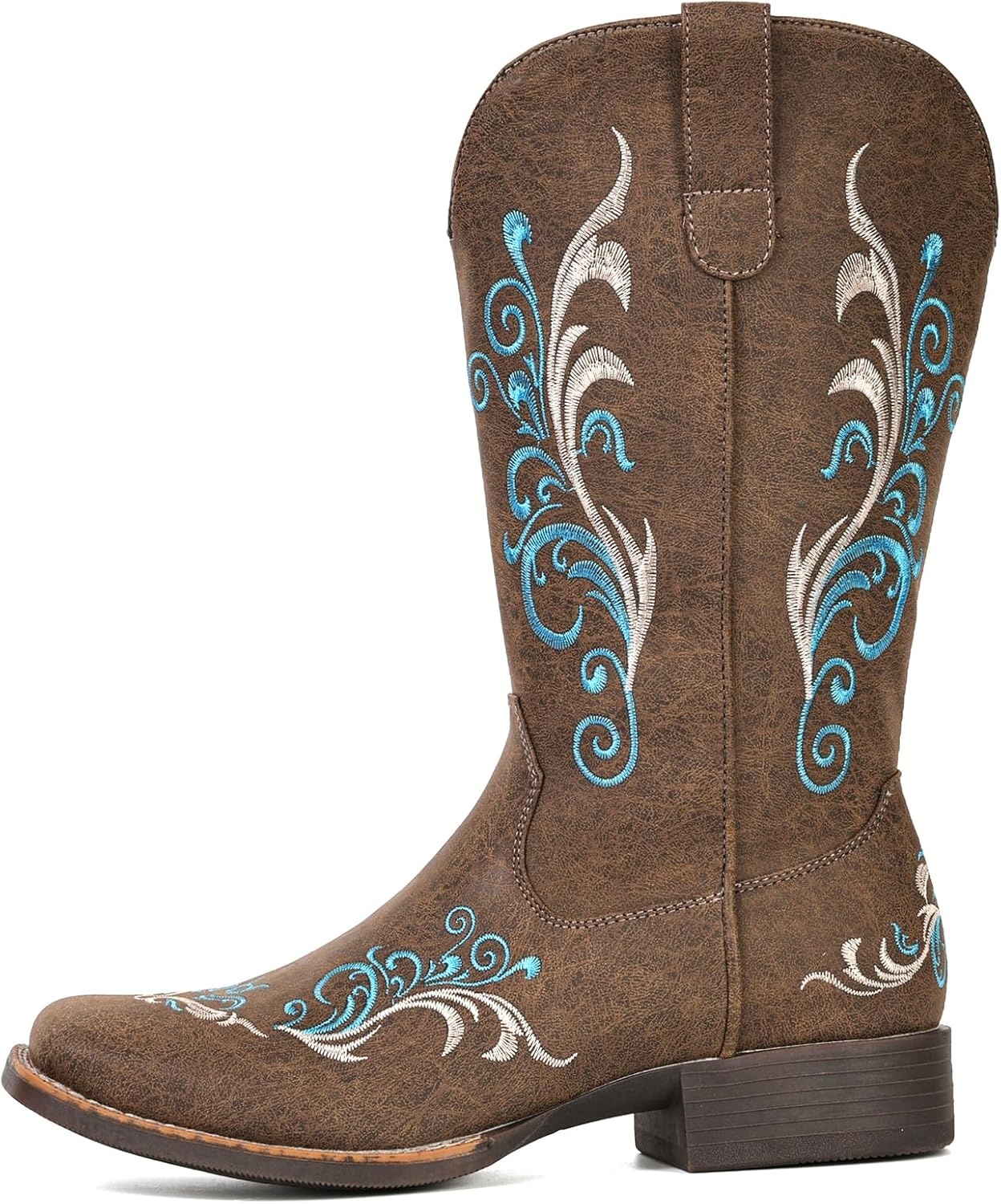 image:imageIUV Cowboy Boots for Women Mid Calf Square Toe Cowgirl Boots with Embroidery Pull On Fashion BootBrown
