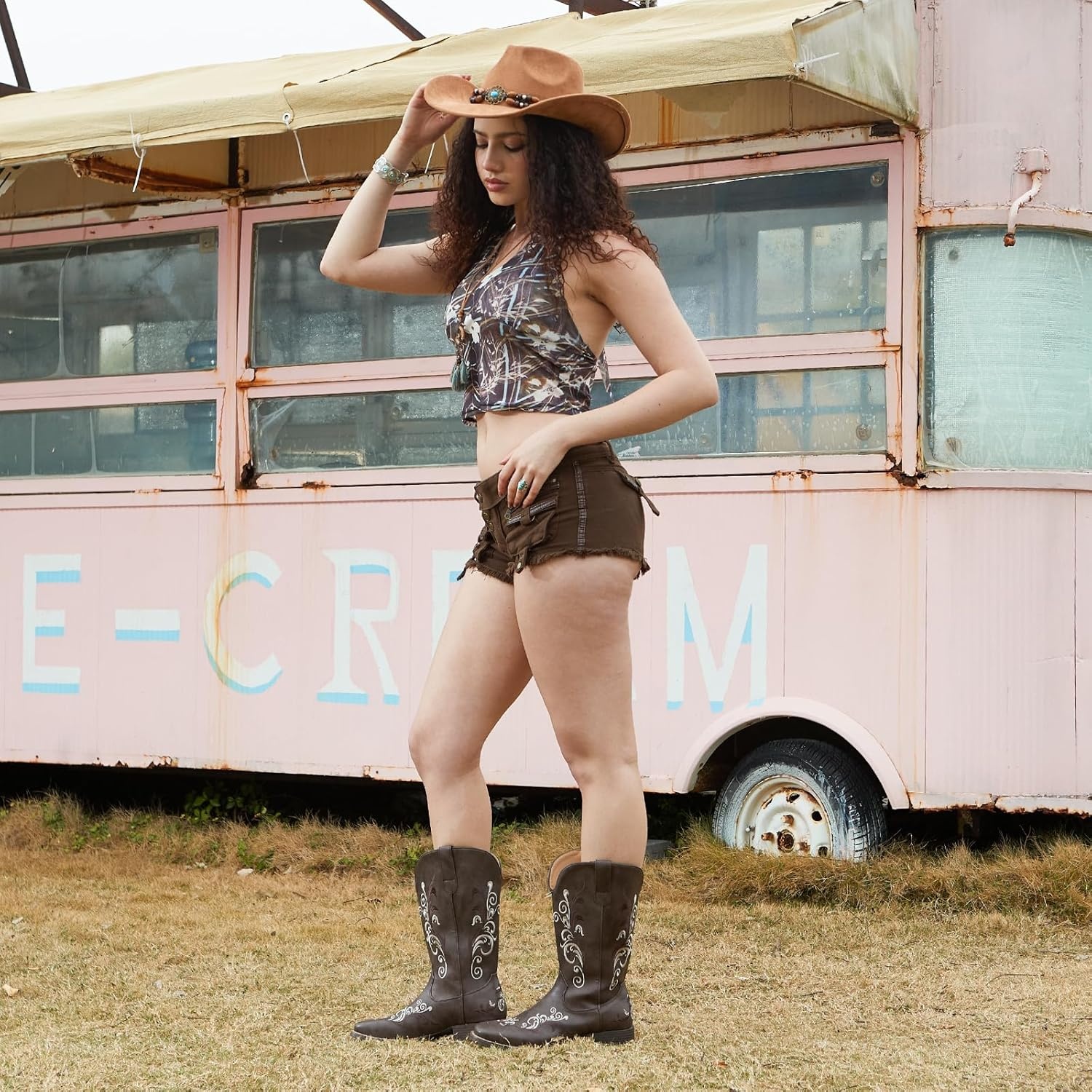 image:imageIUV Cowboy Boots for Women Mid Calf Square Toe Cowgirl Boots with Embroidery Pull On Fashion BootDark Brown