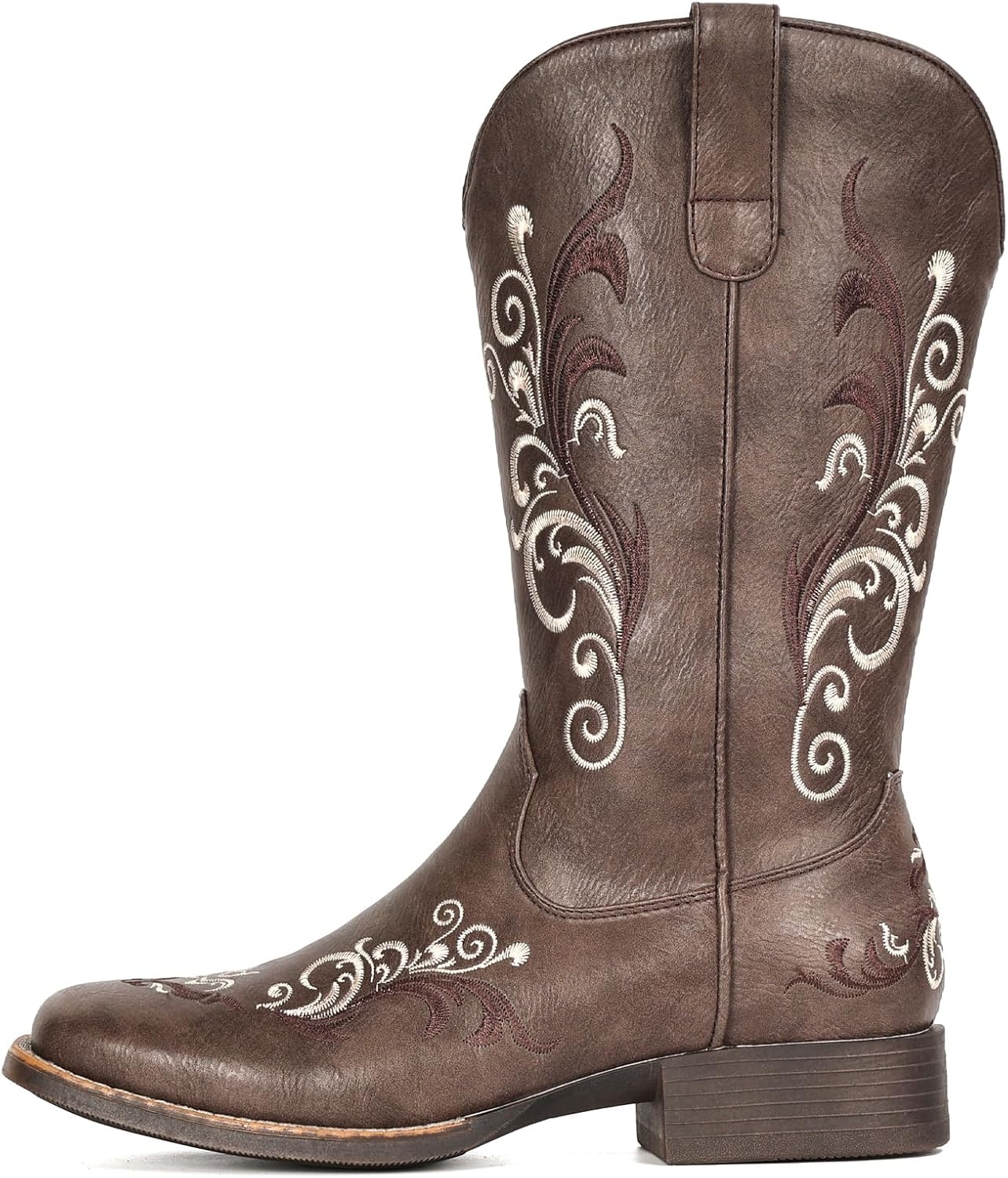 image:imageIUV Cowboy Boots for Women Mid Calf Square Toe Cowgirl Boots with Embroidery Pull On Fashion BootDark Brown