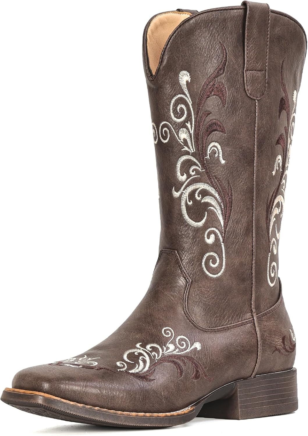 image:imageIUV Cowboy Boots for Women Mid Calf Square Toe Cowgirl Boots with Embroidery Pull On Fashion BootDark Brown