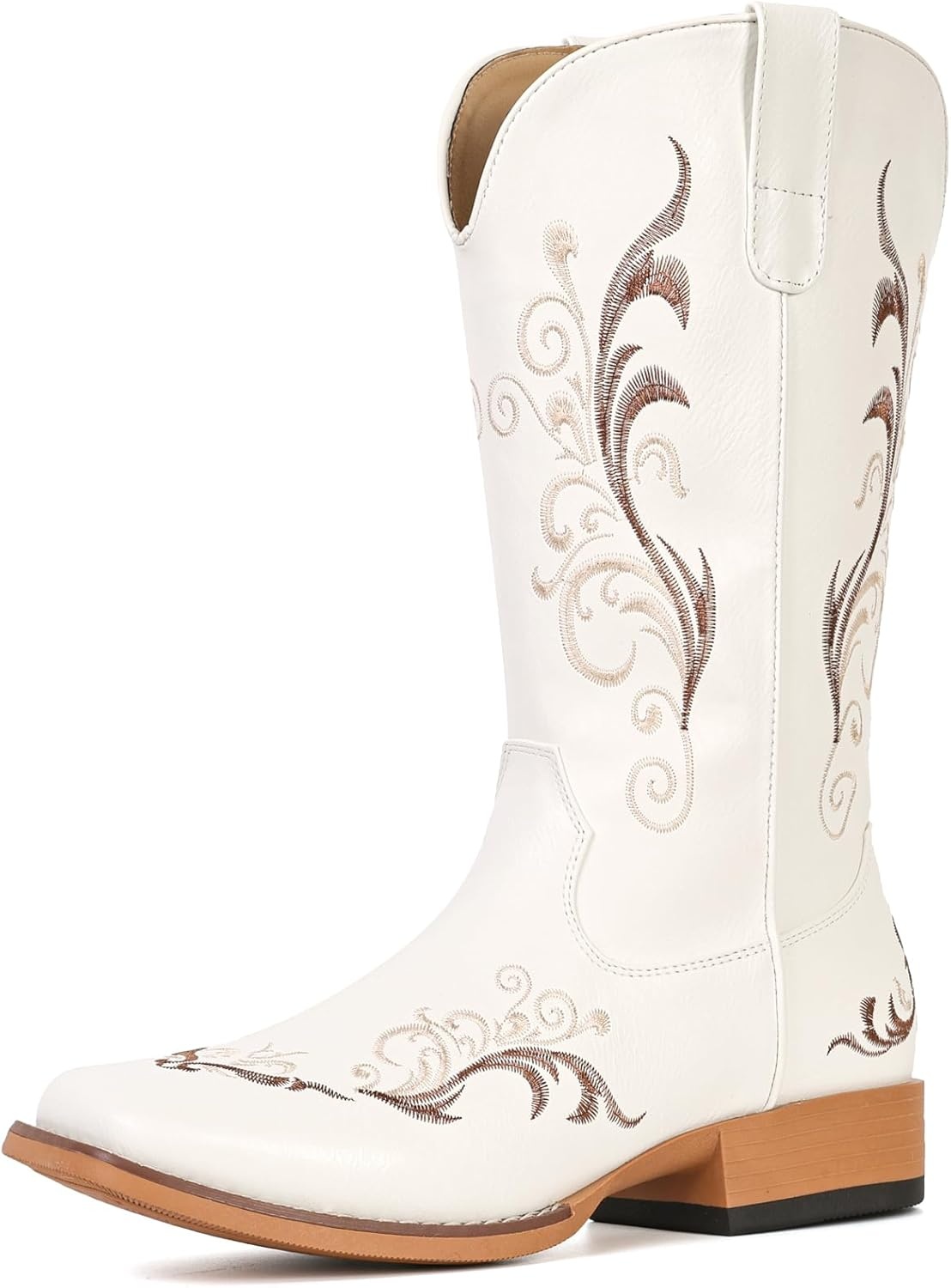 image:imageIUV Cowboy Boots for Women Mid Calf Square Toe Cowgirl Boots with Embroidery Pull On Fashion BootWhite