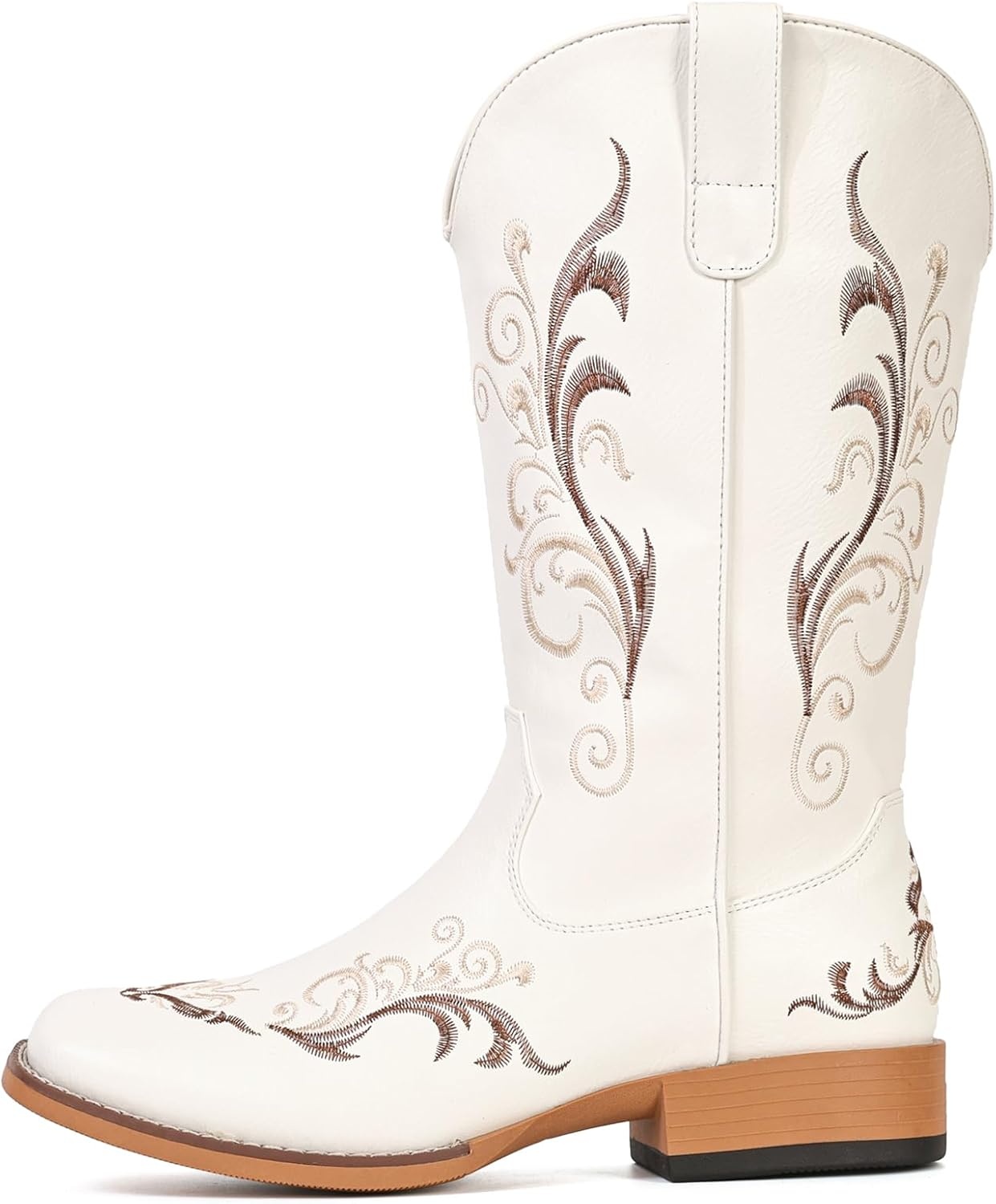 image:imageIUV Cowboy Boots for Women Mid Calf Square Toe Cowgirl Boots with Embroidery Pull On Fashion BootWhite