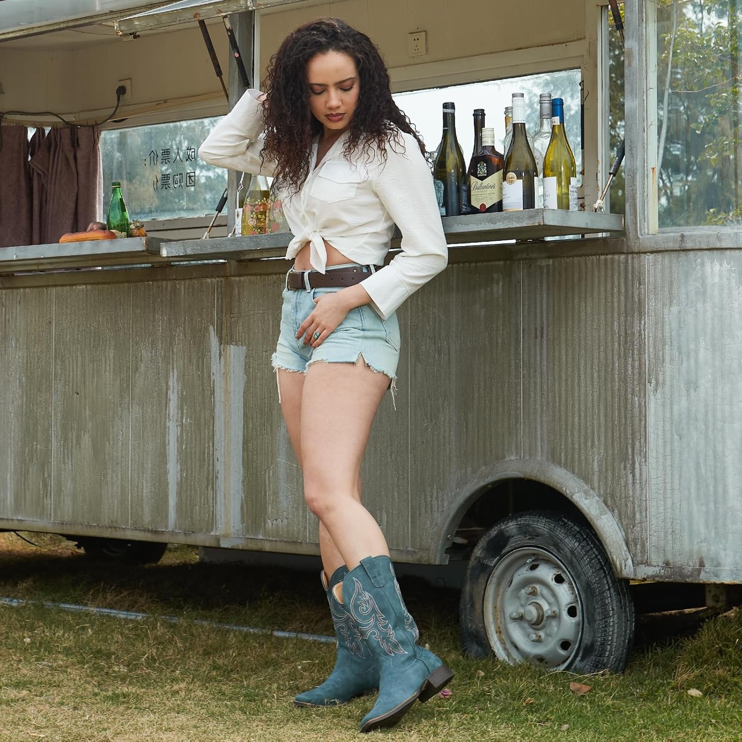 image:imageIUV Cowboy Boots for Women Mid Calf Square Toe Cowgirl Boots with Embroidery Pull On Fashion Retro Western Boot for Theme Party Country ConcertBlue