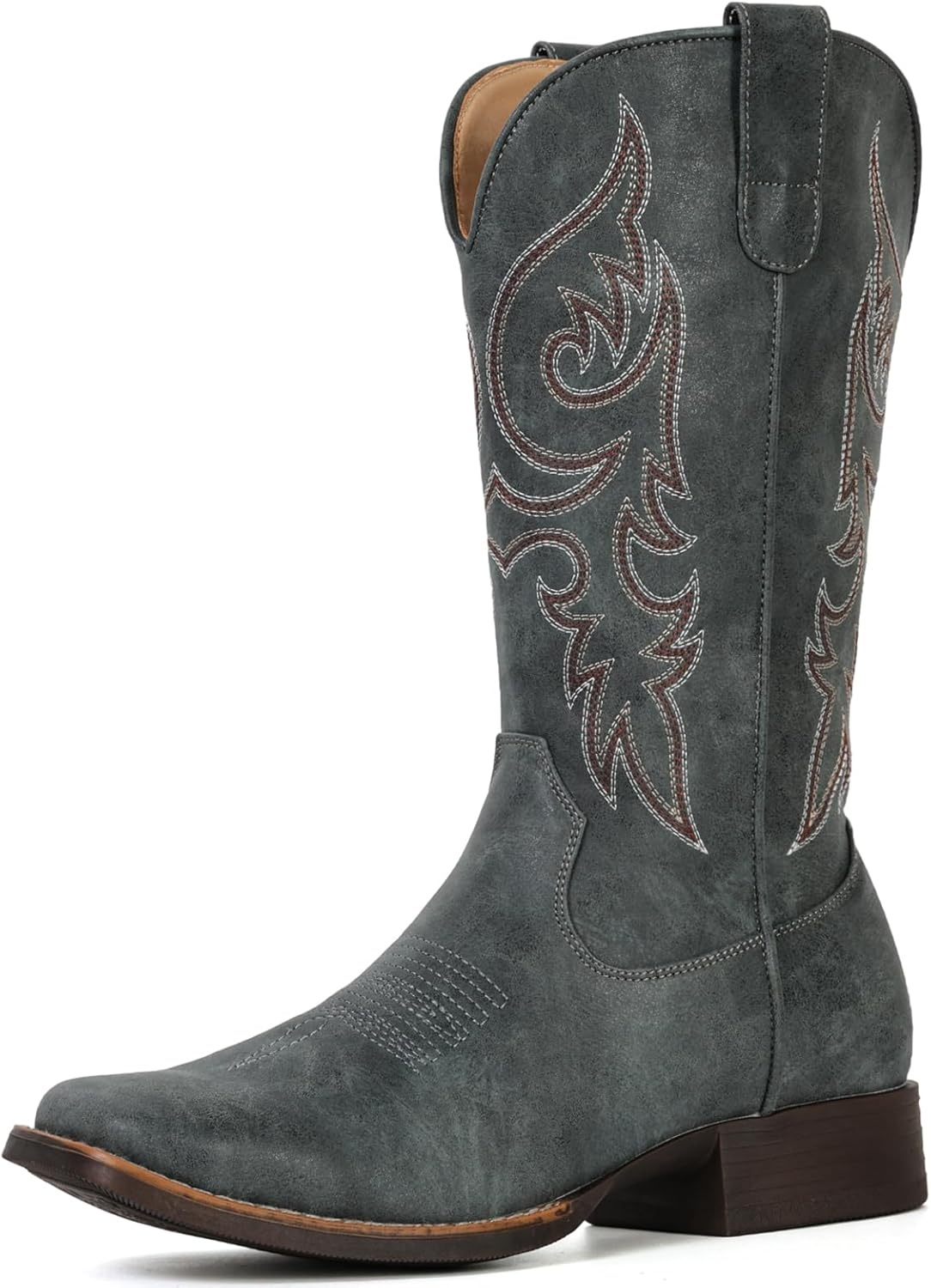 image:imageIUV Cowboy Boots for Women Mid Calf Square Toe Cowgirl Boots with Embroidery Pull On Fashion Retro Western Boot for Theme Party Country ConcertBlue