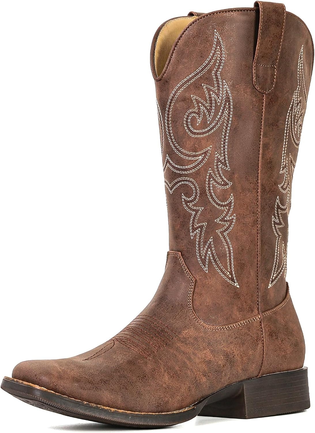 image:imageIUV Cowboy Boots for Women Mid Calf Square Toe Cowgirl Boots with Embroidery Pull On Fashion Retro Western Boot for Theme Party Country ConcertBrown