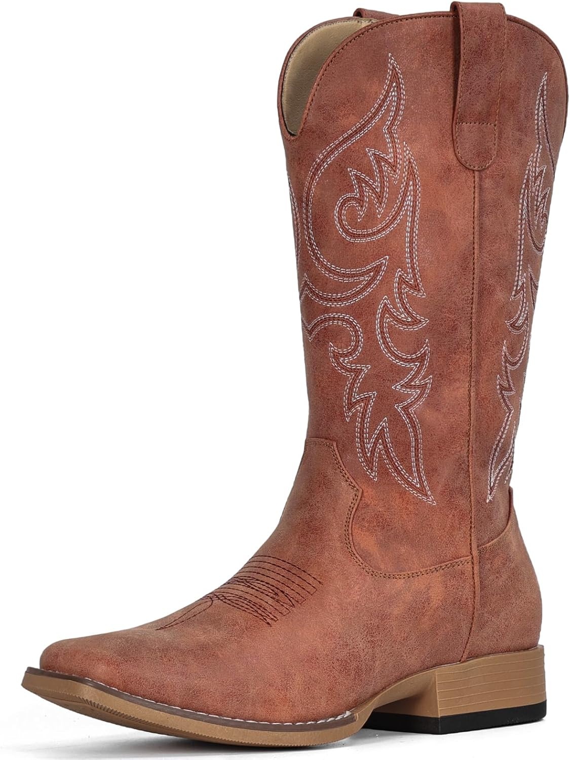 image:imageIUV Cowboy Boots for Women Mid Calf Square Toe Cowgirl Boots with Embroidery Pull On Fashion Retro Western Boot for Theme Party Country ConcertBrown Pink