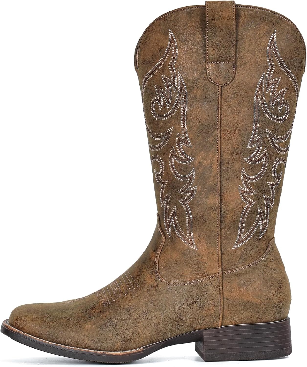 image:imageIUV Cowboy Boots for Women Mid Calf Square Toe Cowgirl Boots with Embroidery Pull On Fashion Retro Western Boot for Theme Party Country ConcertGrayish Brown