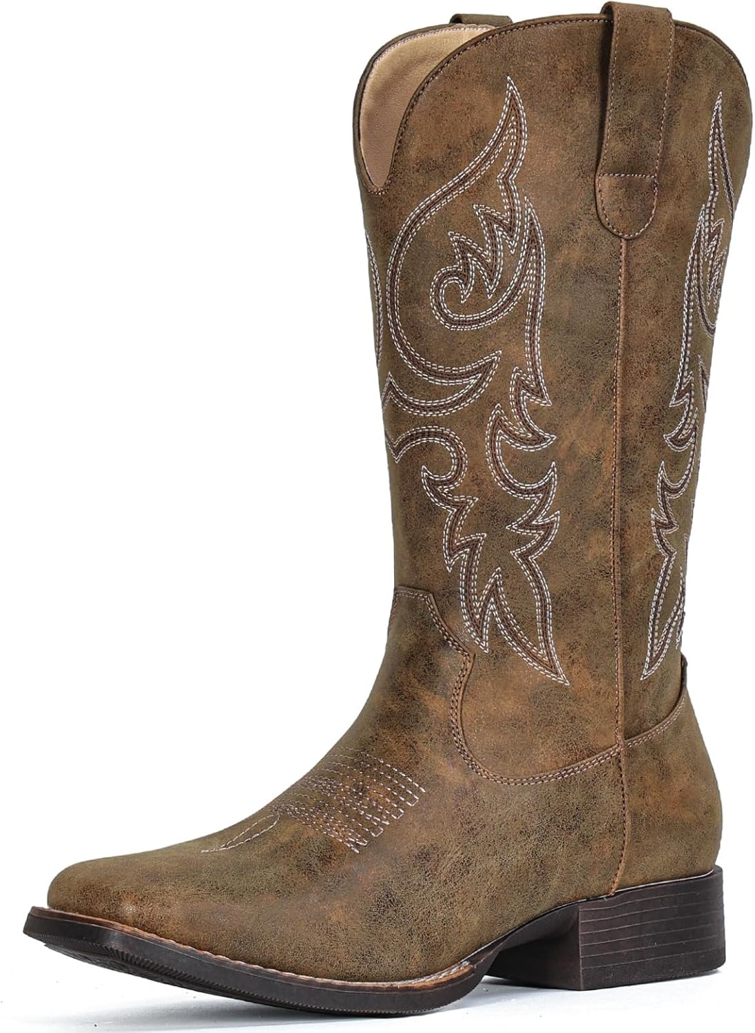 image:imageIUV Cowboy Boots for Women Mid Calf Square Toe Cowgirl Boots with Embroidery Pull On Fashion Retro Western Boot for Theme Party Country ConcertGrayish Brown