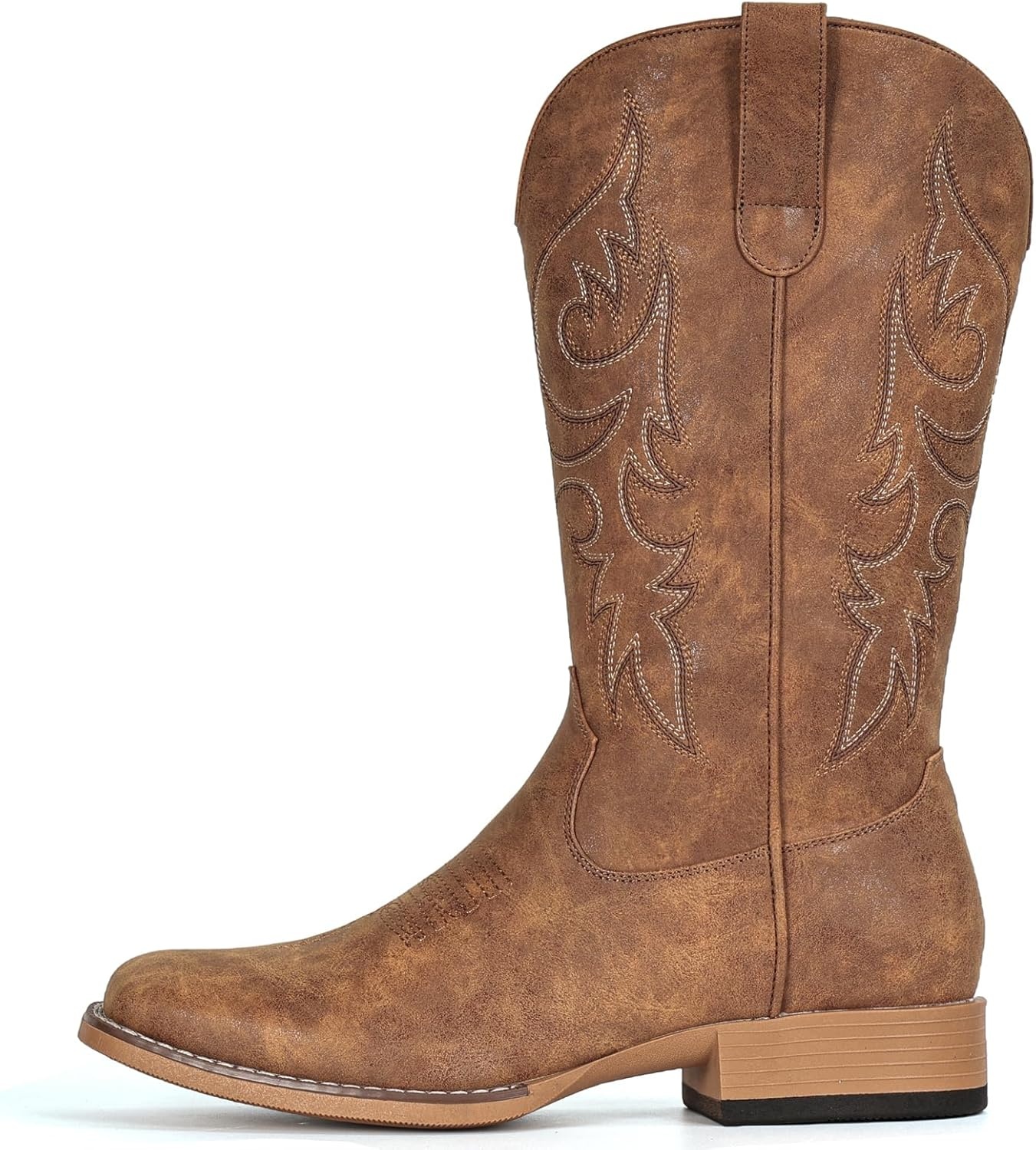 image:imageIUV Cowboy Boots for Women Mid Calf Square Toe Cowgirl Boots with Embroidery Pull On Fashion Retro Western Boot for Theme Party Country ConcertLight Brown
