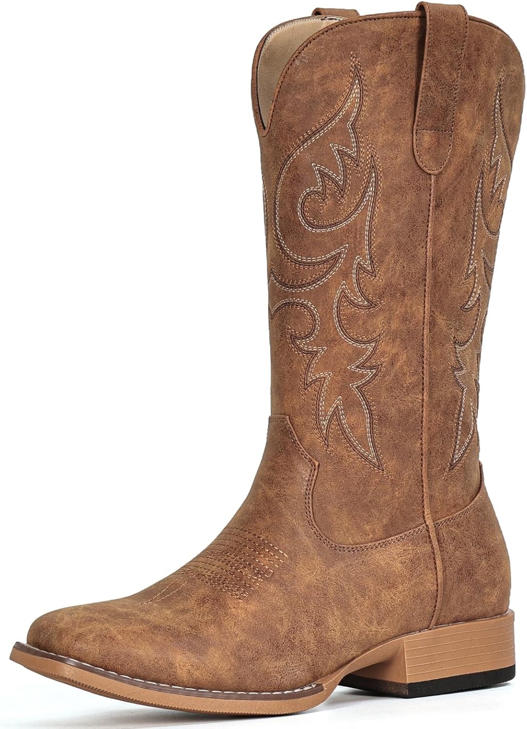 image:imageIUV Cowboy Boots for Women Mid Calf Square Toe Cowgirl Boots with Embroidery Pull On Fashion Retro Western Boot for Theme Party Country ConcertLight Brown