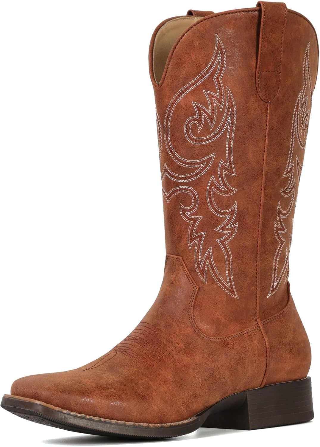 image:imageIUV Cowboy Boots for Women Mid Calf Square Toe Cowgirl Boots with Embroidery Pull On Fashion Retro Western Boot for Theme Party Country ConcertRedBrown
