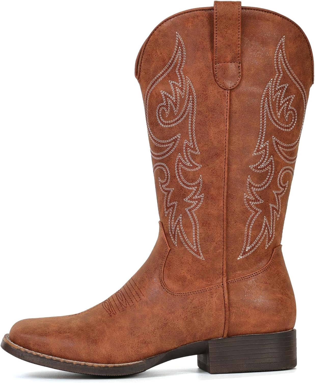 image:imageIUV Cowboy Boots for Women Mid Calf Square Toe Cowgirl Boots with Embroidery Pull On Fashion Retro Western Boot for Theme Party Country ConcertRedBrown