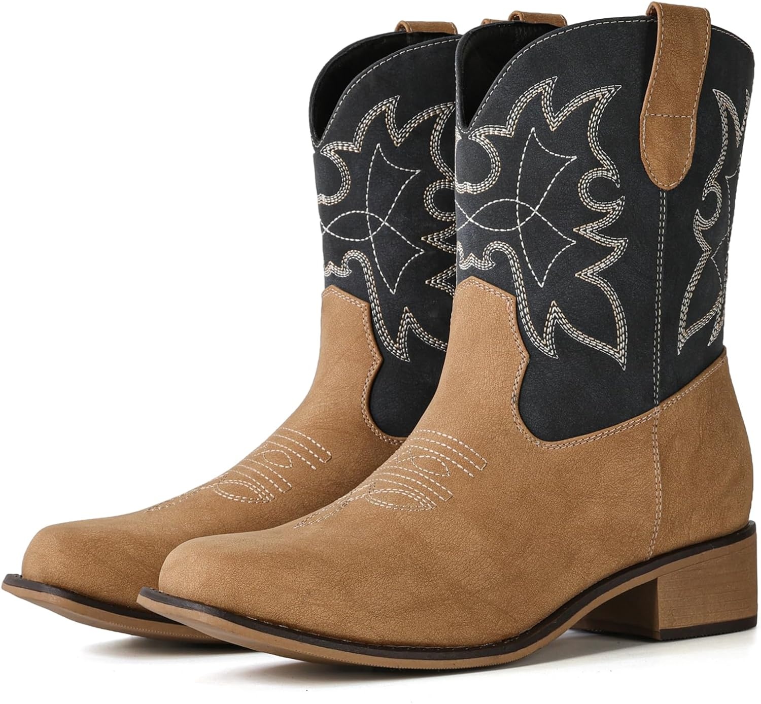 image:imageIUV Cowboy Boots for Women Square Toe Ankle Western Cowgirl Boots Classic Embroidered BootiesKhaki