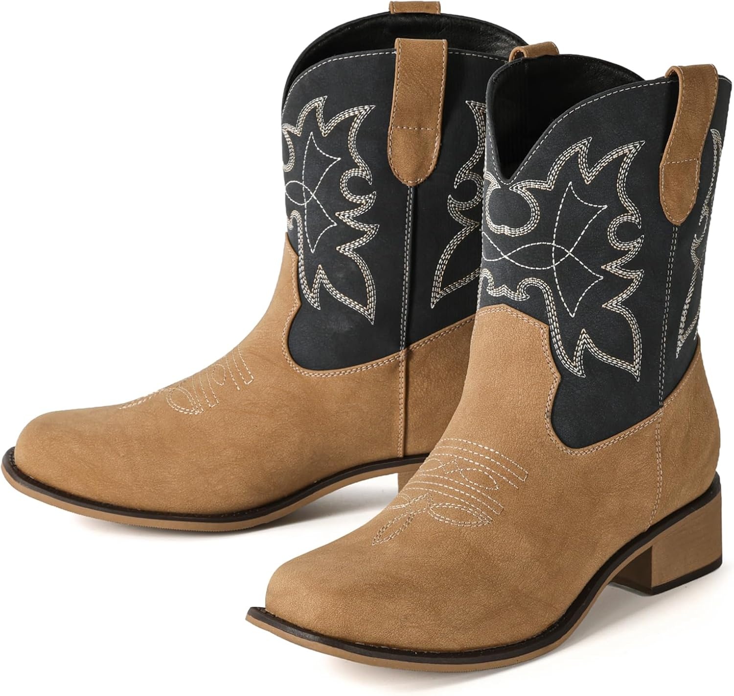image:imageIUV Cowboy Boots for Women Square Toe Ankle Western Cowgirl Boots Classic Embroidered BootiesKhaki