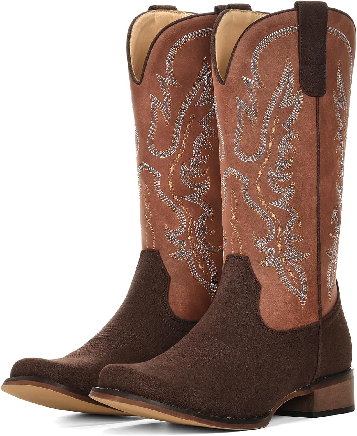 image:imageIUV Cowboy Boots for Women Square Toe Mid Calf Cowgirl Boots Embroidered Chunky Heel Western Boots for Country Concert Music FestivalChocolateSaddle Tan