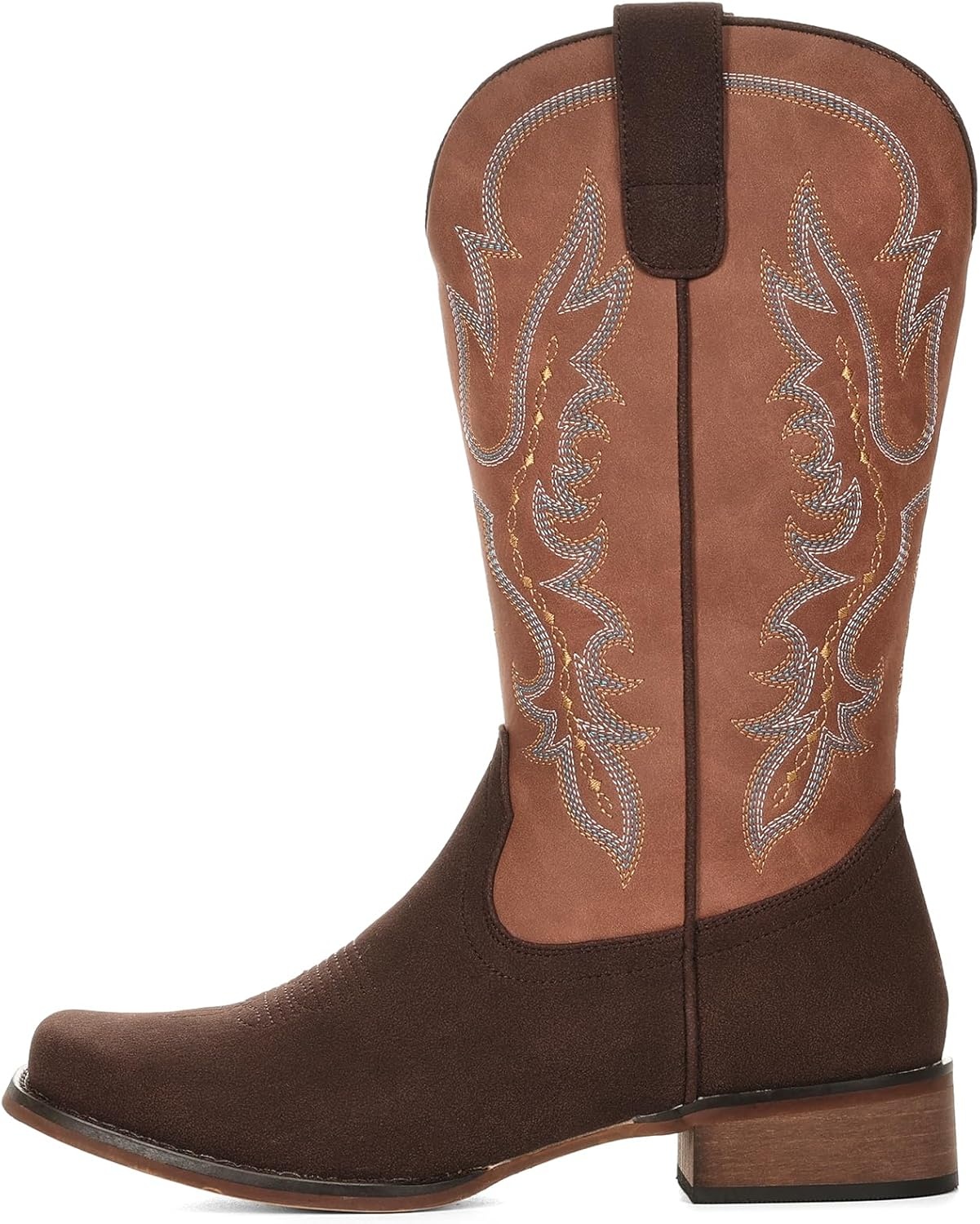 image:imageIUV Cowboy Boots for Women Square Toe Mid Calf Cowgirl Boots Embroidered Chunky Heel Western Boots for Country Concert Music FestivalChocolateSaddle Tan