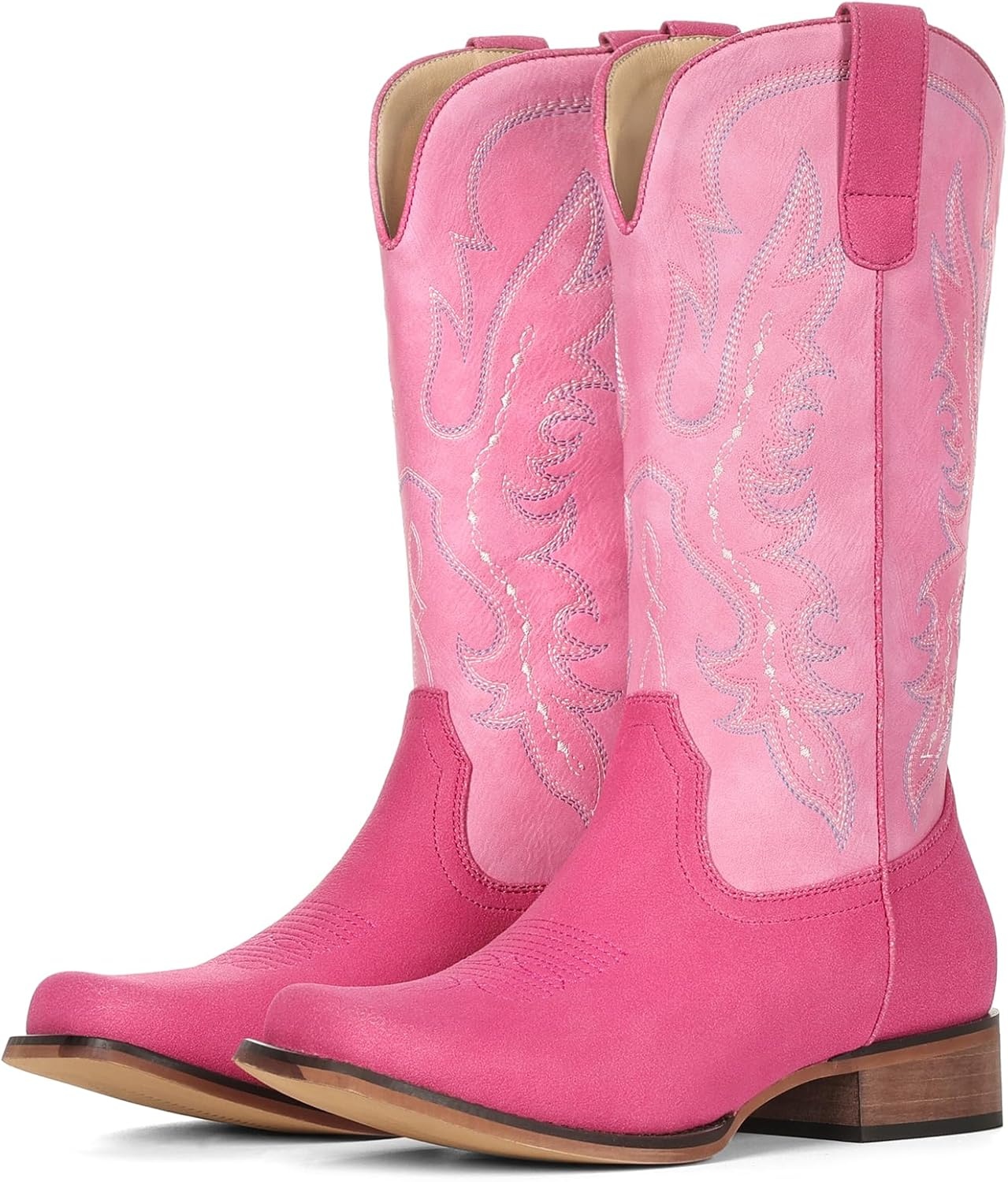 image:imageIUV Cowboy Boots for Women Square Toe Mid Calf Cowgirl Boots Embroidered Chunky Heel Western Boots for Country Concert Music FestivalHot PinkBaby Pink