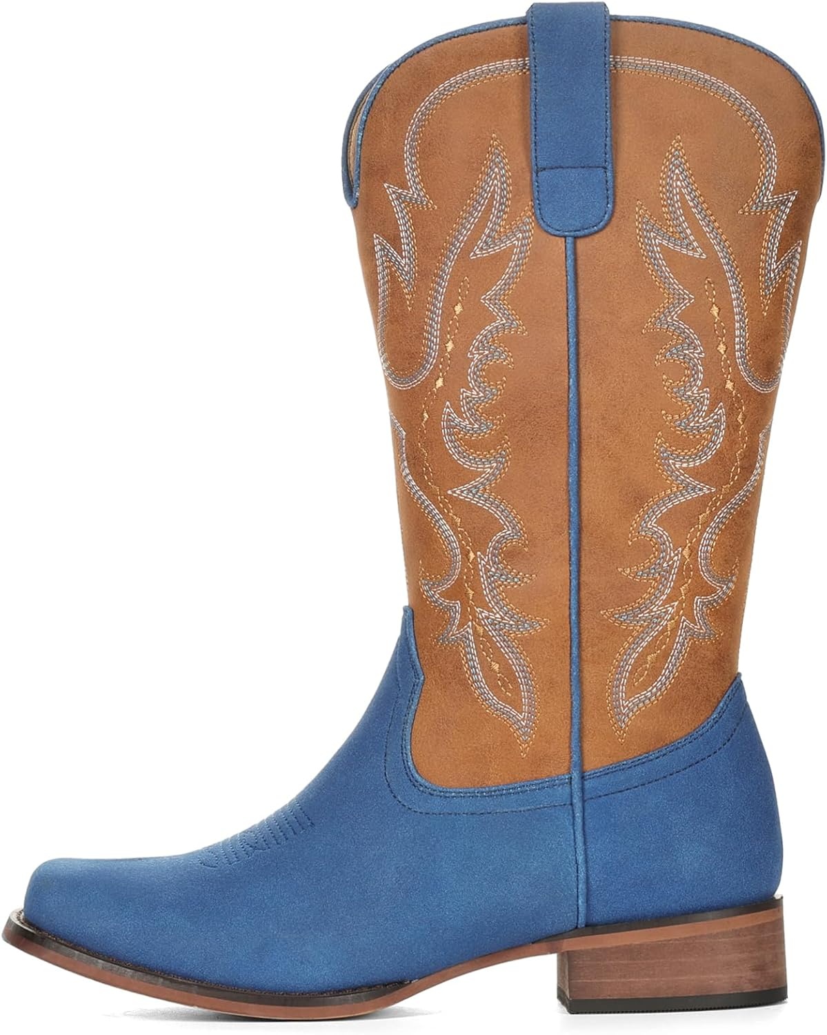 image:imageIUV Cowboy Boots for Women Square Toe Mid Calf Cowgirl Boots Embroidered Chunky Heel Western Boots for Country Concert Music FestivalRoughout BlueSaddle Tan