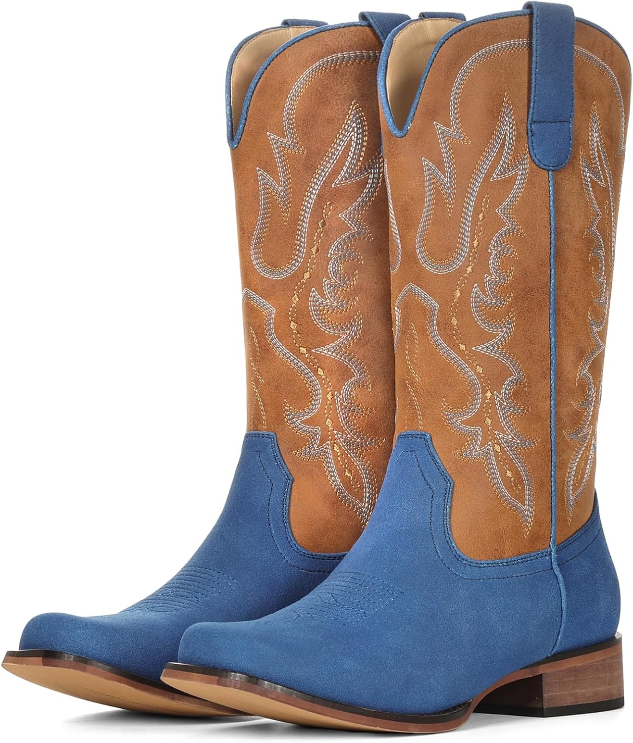 image:imageIUV Cowboy Boots for Women Square Toe Mid Calf Cowgirl Boots Embroidered Chunky Heel Western Boots for Country Concert Music FestivalRoughout BlueSaddle Tan