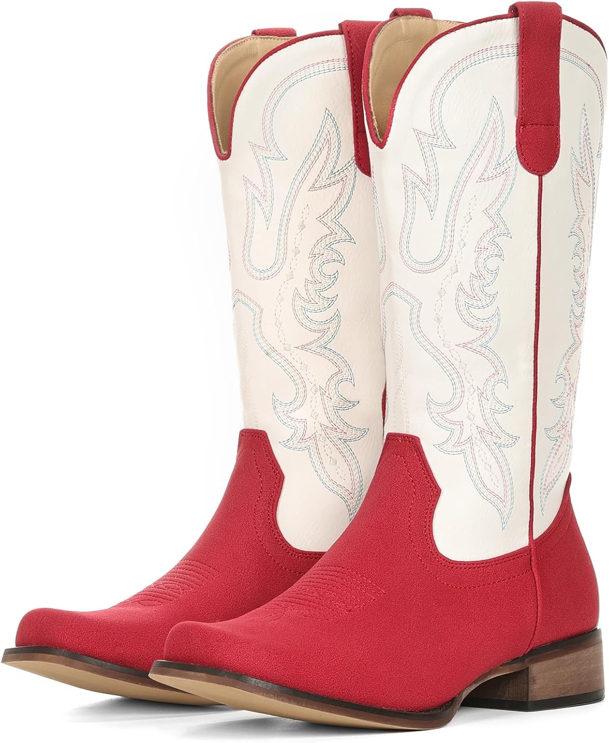 image:imageIUV Cowboy Boots for Women Square Toe Mid Calf Cowgirl Boots Embroidered Chunky Heel Western Boots for Country Concert Music FestivalRuby RedWhite